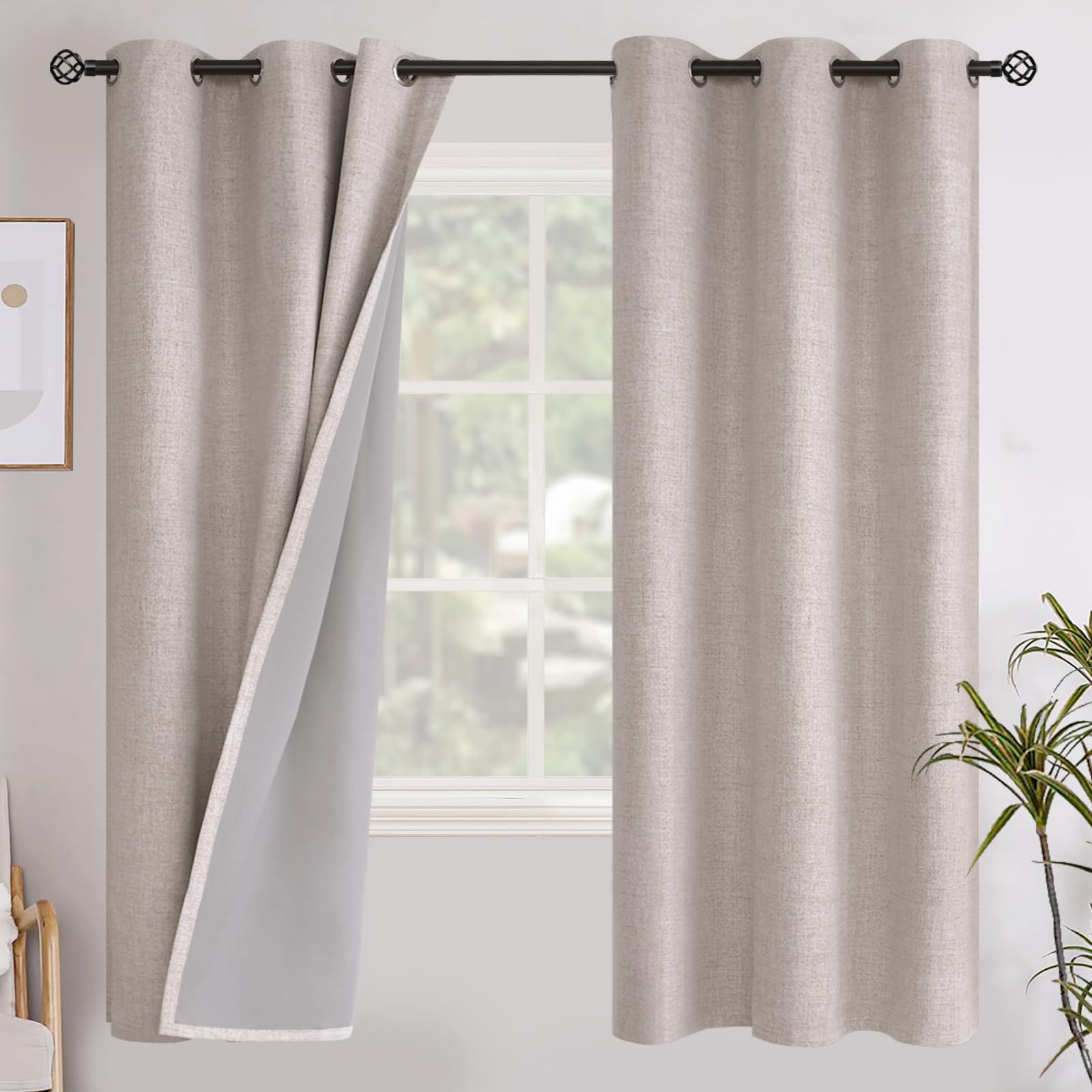 YoungsTex Linen Blackout Curtains 63 Inch Length for Bedroom, Room Darkening Window Drapes with Grommet Thermal Insulated Black Out Blinds for Living Room, 2 Panels, 52 X 63 Inch, Beige