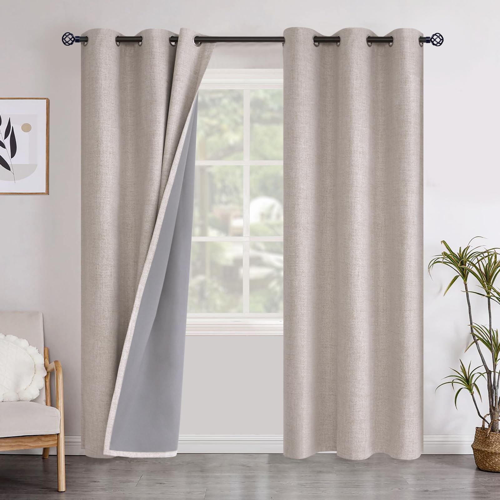 YoungsTex Linen Blackout Curtains 63 Inch Length for Bedroom, Room Darkening Window Drapes with Grommet Thermal Insulated Black Out Blinds for Living Room, 2 Panels, 52 X 63 Inch, Beige