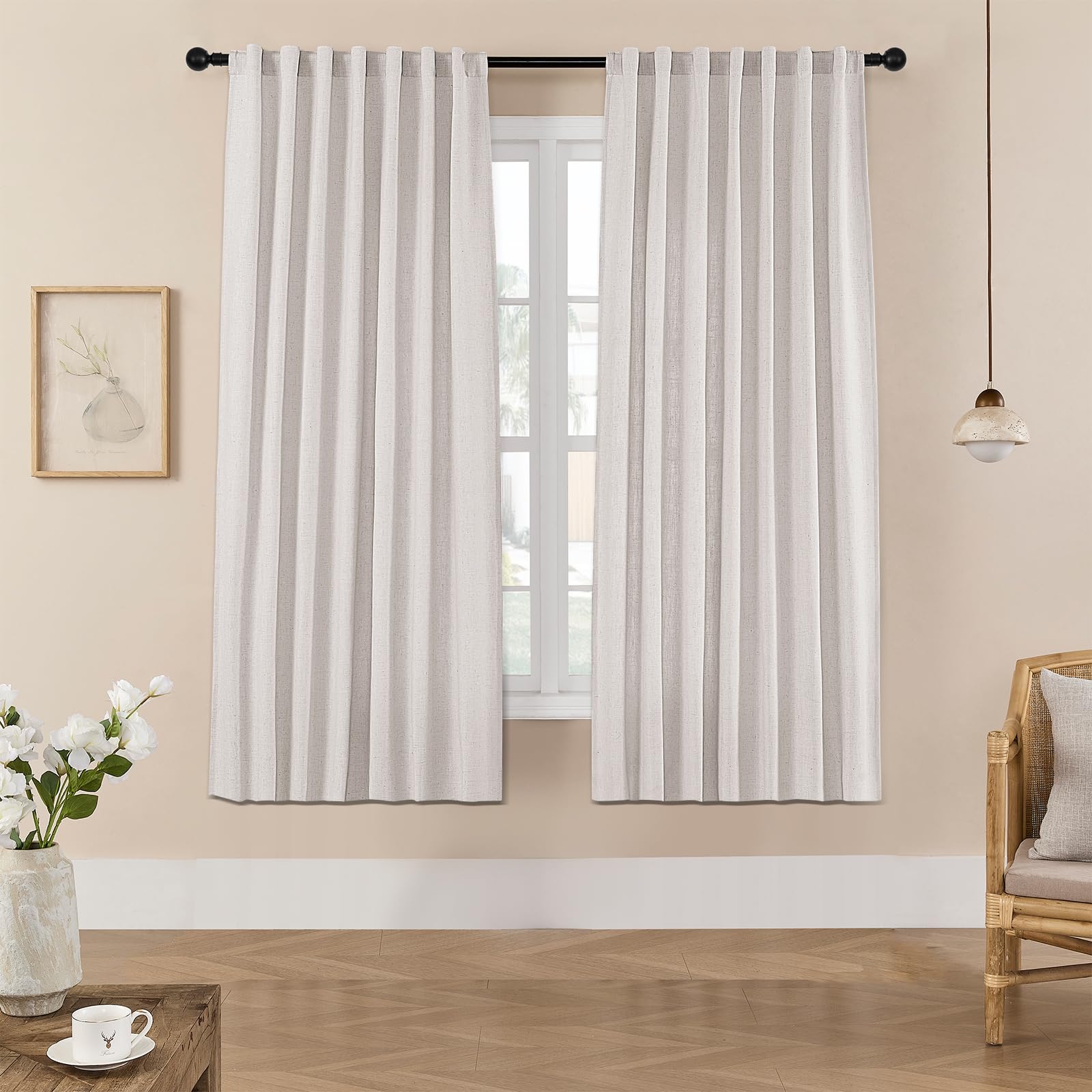 Joydeco Curtains, 108 Inches Long, 2 Panels Set, Farmhouse Drapes for Living Room, Semi-Blackout, Linen-Polyester, Ivory on Linen, Rod Pocket