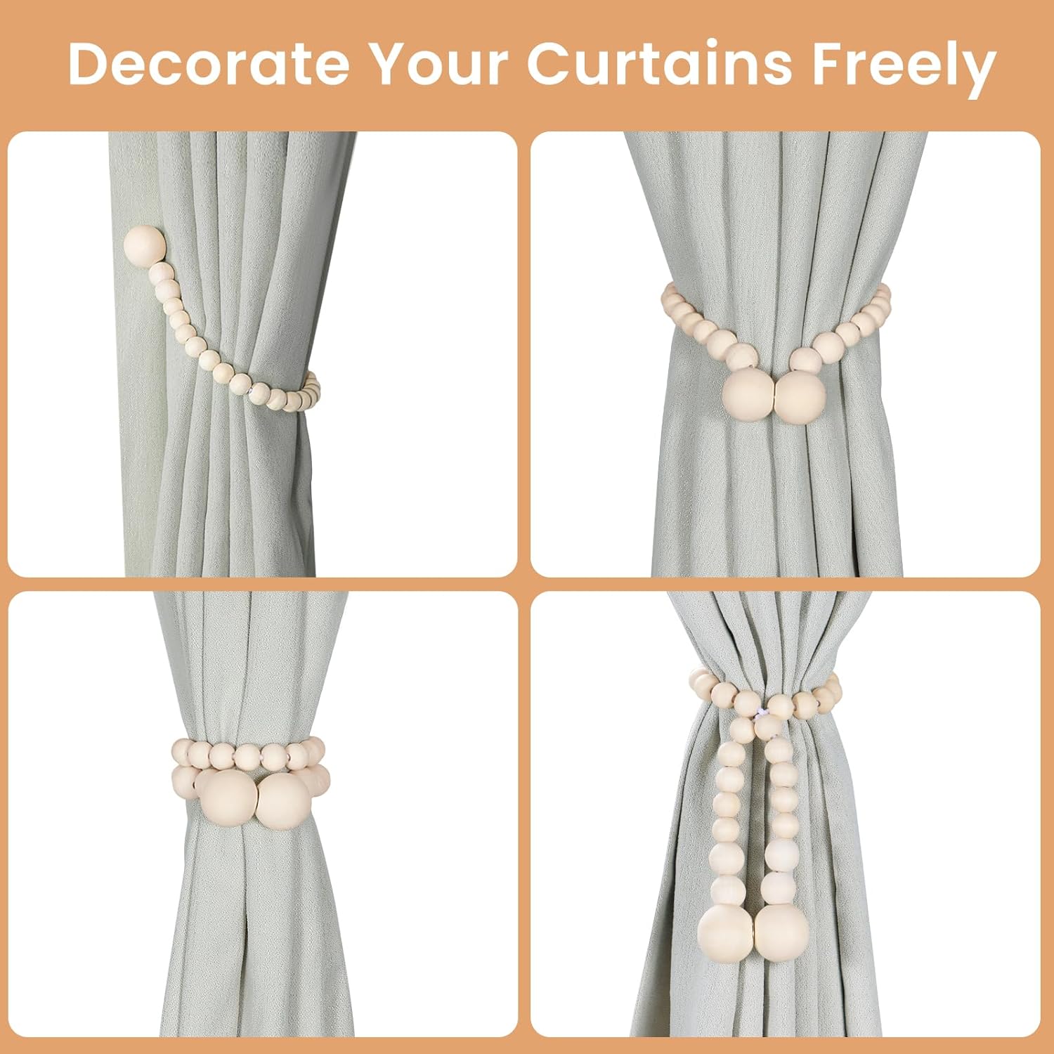 KLOGTSIND Magnetic Curtain Tiebacks, Curtain Holdbacks for Curtains 2 Pack, Wood Bead Curtain Holders for Boho Bedroom Decor, Baby Nursery Decor, Farmhouse Decor