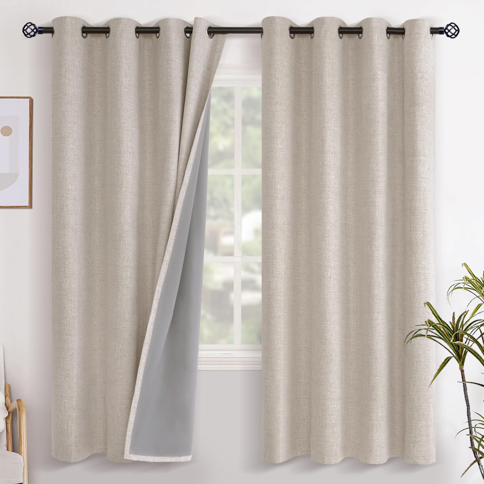 YoungsTex Linen Blackout Curtains 63 Inch Length for Bedroom, Room Darkening Window Drapes with Grommet Thermal Insulated Black Out Blinds for Living Room, 2 Panels, 52 X 63 Inch, Beige