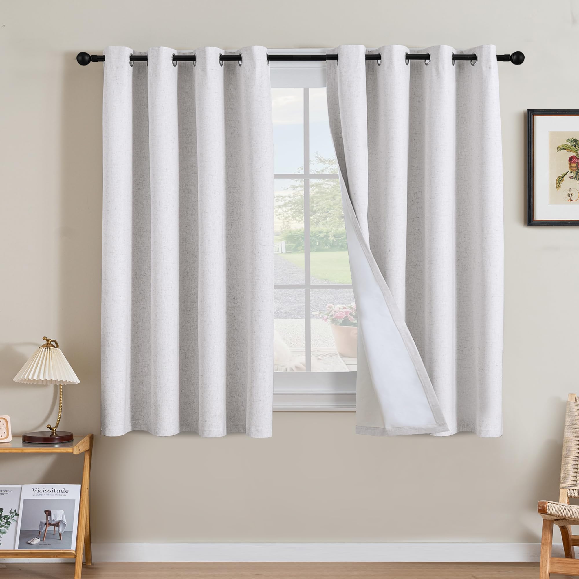 H.VERSAILTEX 100% Blackout Curtains Ivory, Linen Blackout Curtains 96 inch Curtains 2 Panel Set, Elegant Curtain for Bedroom Grommet Drapes for Living Room