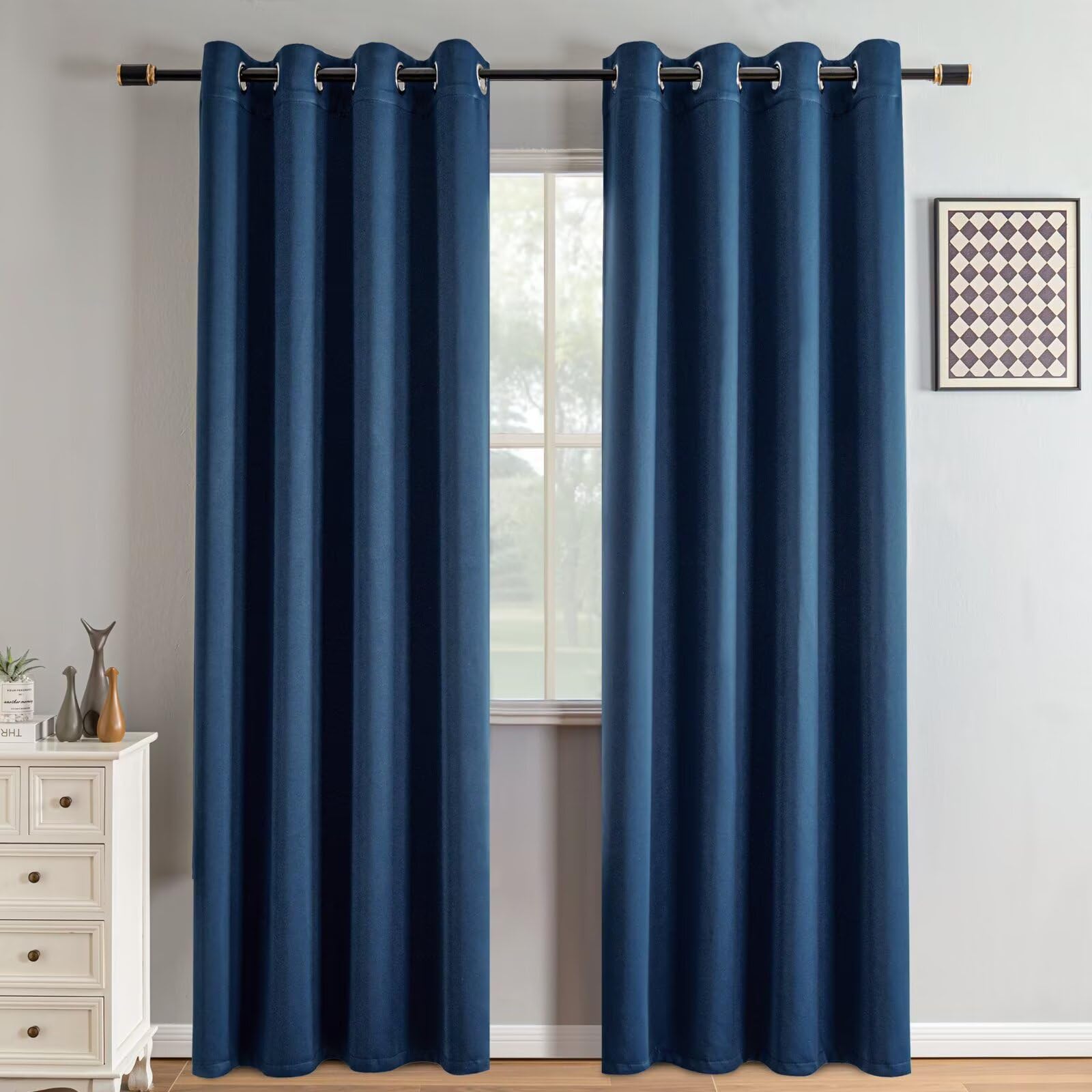 IGEMAEVE Black 100% Blackout Curtains 84 Inch Length 2 Panels Set, Black Out Curtains for Bedroom 84 Inch Long, Rod Pocket Energy Saving Room Darkening Drapes for Living Room Dining Room Window