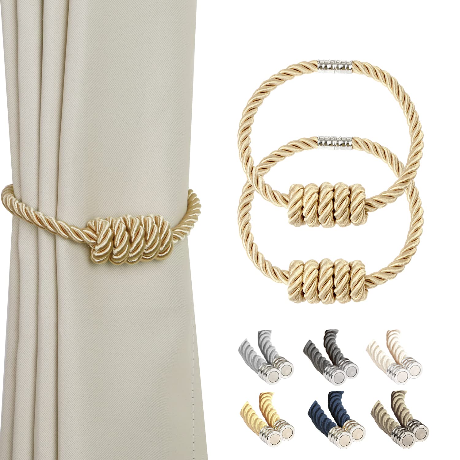BEL AVENIR Magnetic Jute Curtain Tiebacks, Decorative Drapery Holdbacks Bohemian Style Woven Tie-Backs with Exquisite Knot (Jute, 2 Pack)