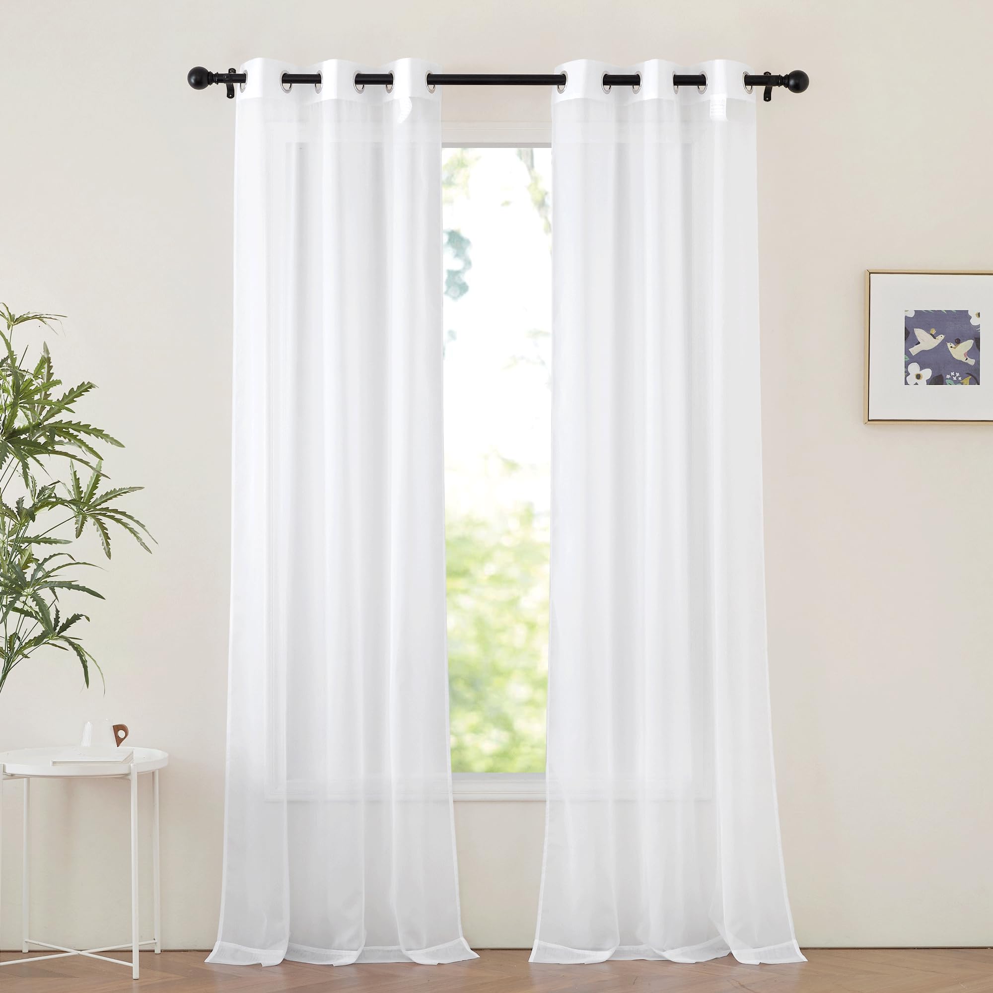 NICETOWN Sheer Curtains Panel 72" Long - Ring Top Window Treatment Sheer Voile Drapes for Bedroom/Living Room (White, Set of 2, W54 x L72)