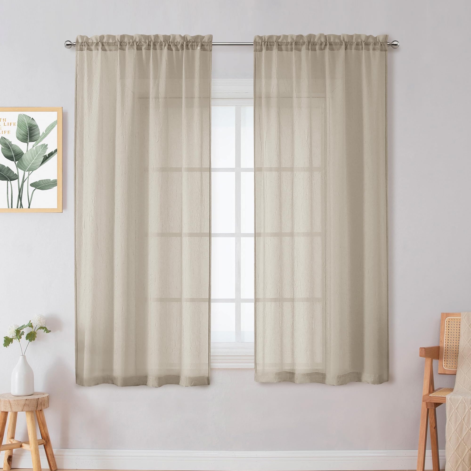 Chyhomenyc Crushed Sheer White Curtains 84 Inch Length 2 Panels, Light Filtering Solid Crinkle Voile Lightweight Textured Sheer Curtian for Bedroom, Each 42Wx84L Inches