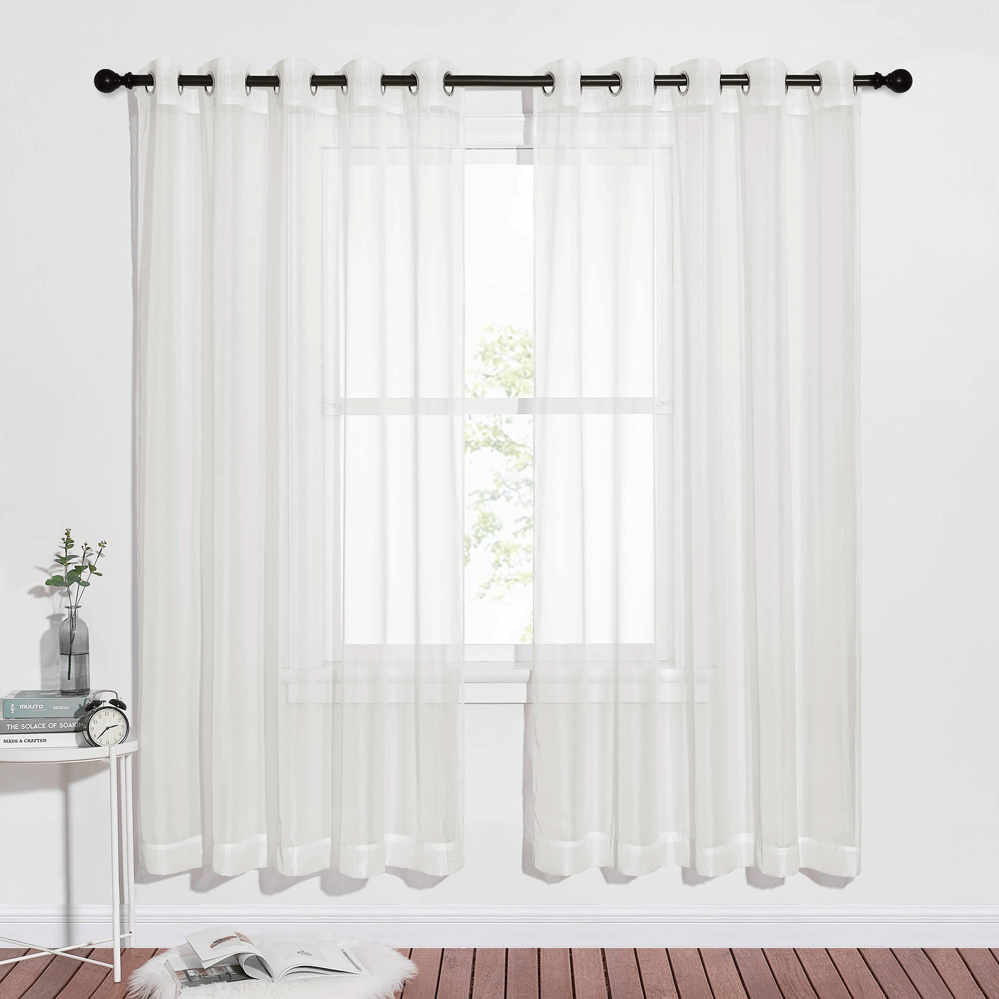 NICETOWN Sheer Curtains Panel 72" Long - Ring Top Window Treatment Sheer Voile Drapes for Bedroom/Living Room (White, Set of 2, W54 x L72)