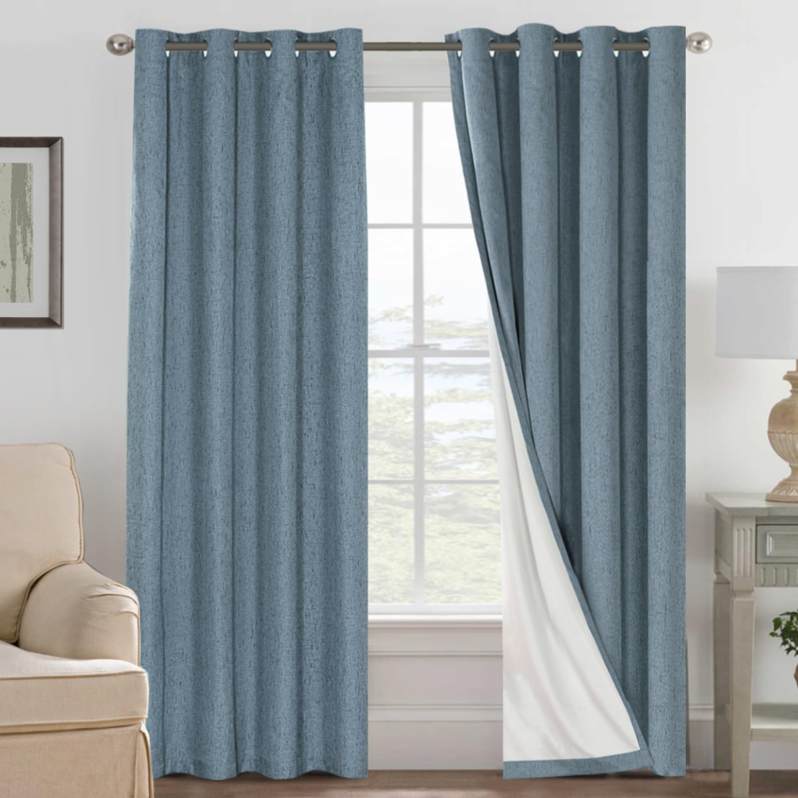 H.VERSAILTEX 100% Blackout Curtains Ivory, Linen Blackout Curtains 96 inch Curtains 2 Panel Set, Elegant Curtain for Bedroom Grommet Drapes for Living Room