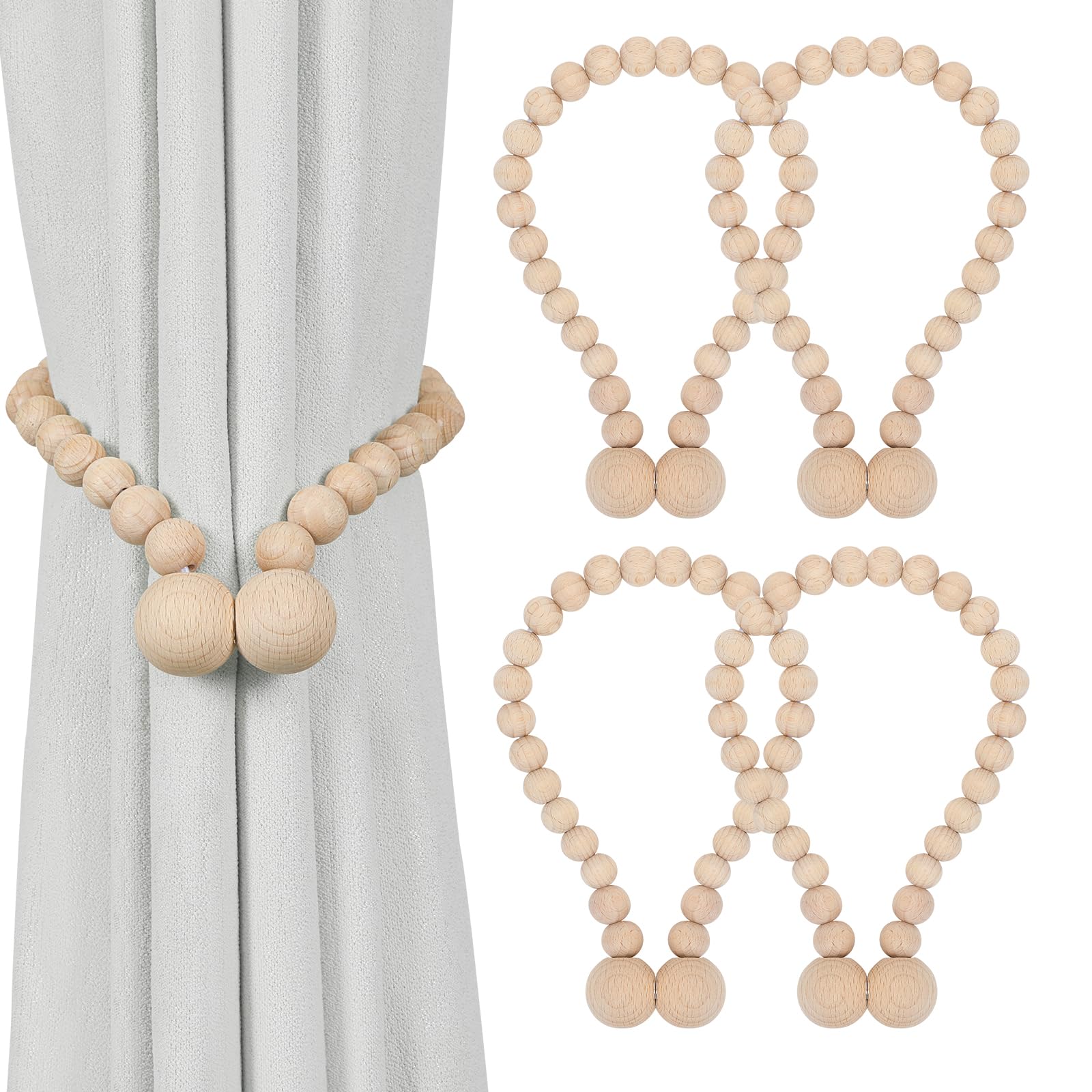 KLOGTSIND Magnetic Curtain Tiebacks, Curtain Holdbacks for Curtains 2 Pack, Wood Bead Curtain Holders for Boho Bedroom Decor, Baby Nursery Decor, Farmhouse Decor