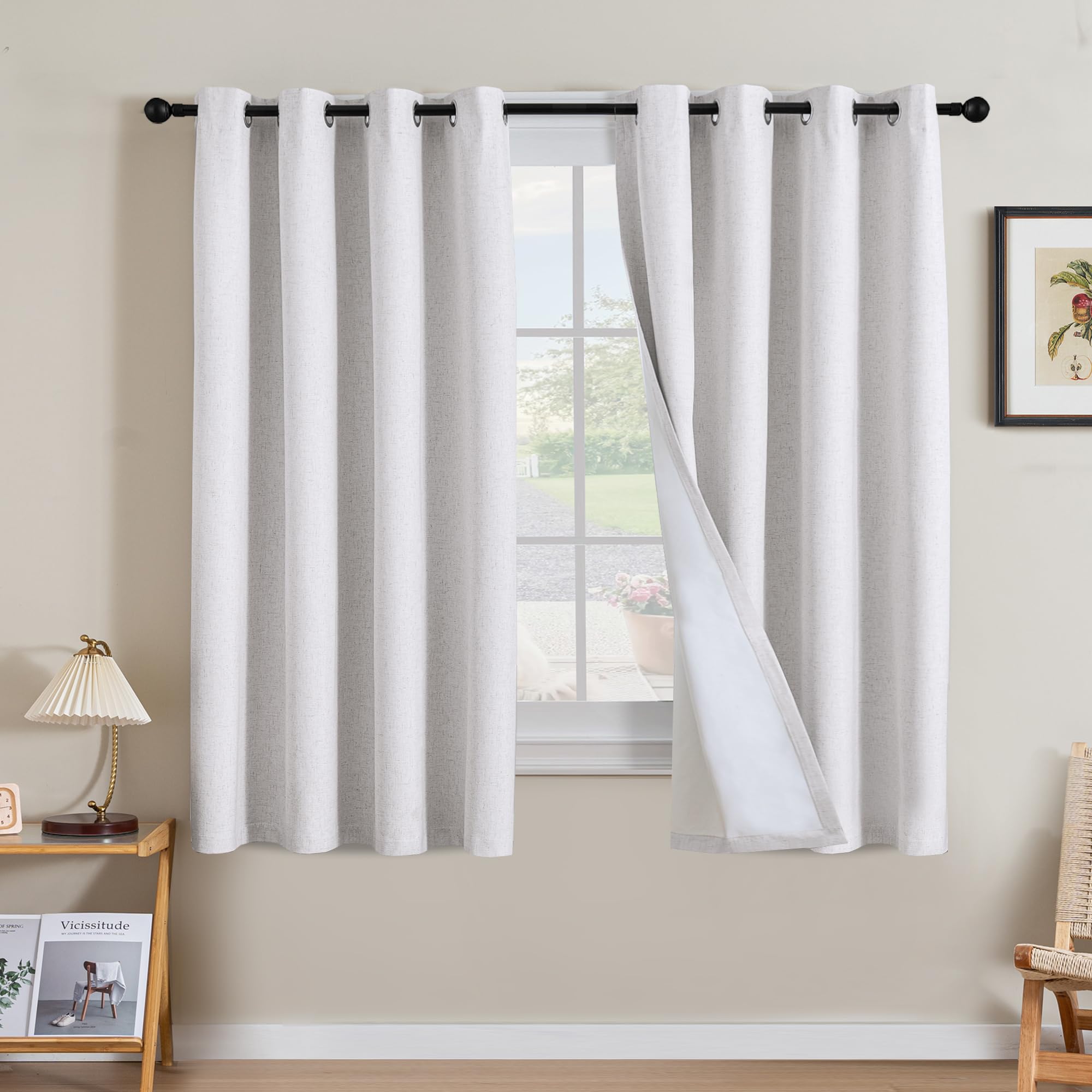 H.VERSAILTEX 100% Blackout Curtains Ivory, Linen Blackout Curtains 96 inch Curtains 2 Panel Set, Elegant Curtain for Bedroom Grommet Drapes for Living Room