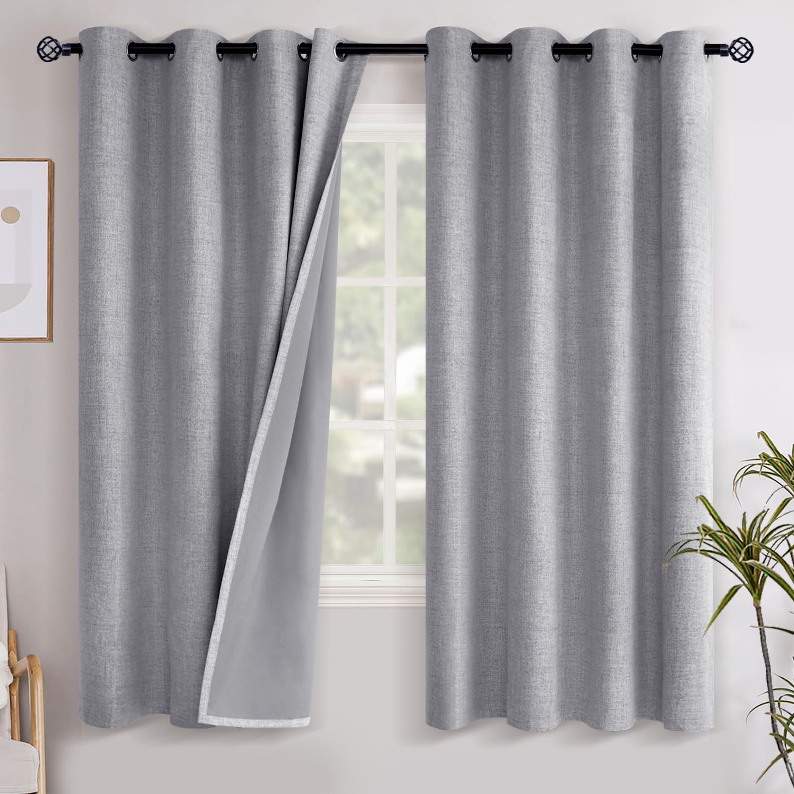 YoungsTex Linen Blackout Curtains 63 Inch Length for Bedroom, Room Darkening Window Drapes with Grommet Thermal Insulated Black Out Blinds for Living Room, 2 Panels, 52 X 63 Inch, Beige