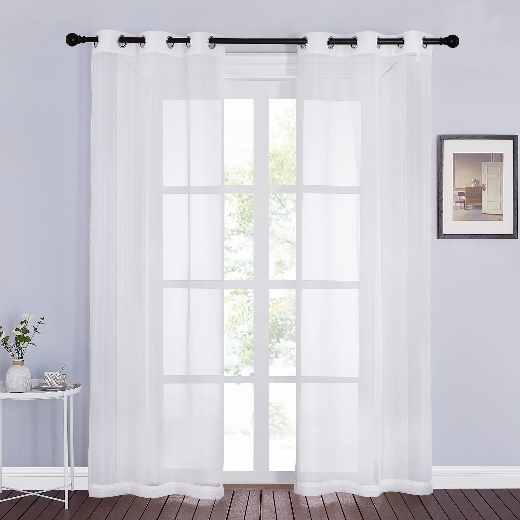 NICETOWN Sheer Curtains Panel 72" Long - Ring Top Window Treatment Sheer Voile Drapes for Bedroom/Living Room (White, Set of 2, W54 x L72)
