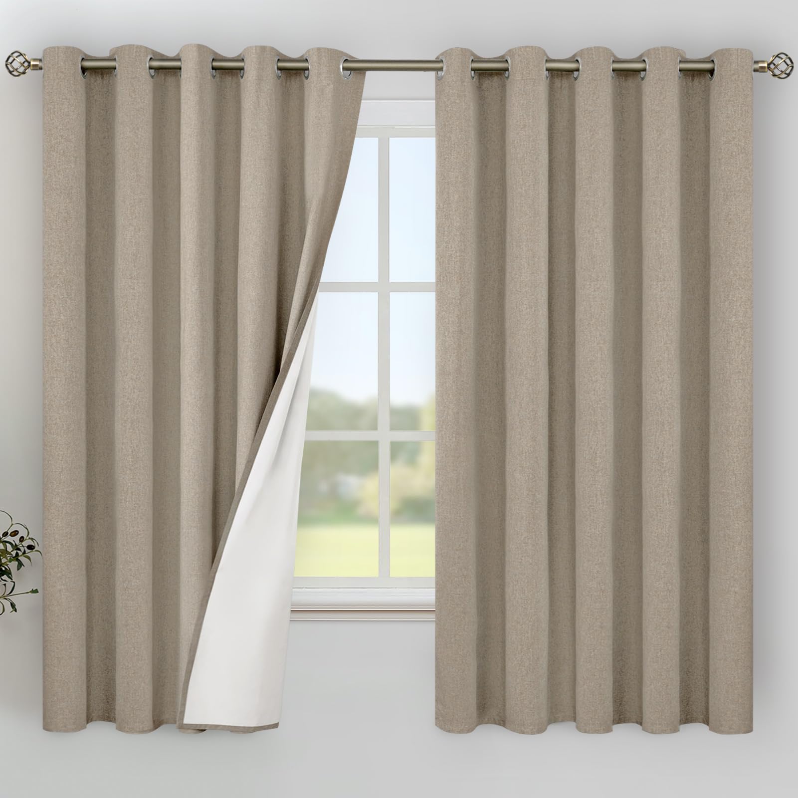 YoungsTex Linen Blackout Curtains 63 Inches Long for Bedroom, Room Darkening Window Drapes with Grommet Thermal Insulated Black Out for Living Room, 2 Panels, 52 X 63 Inch