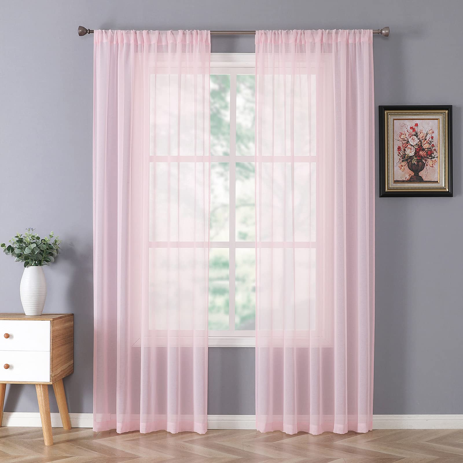 Tollpiz Short Sheer Curtains Linen Textured Bedroom Curtain Sheers Light Filtering Rod Pocket Voile Curtains for Living Room, 54 x 45 inches Long, White, Set of 2 Panels