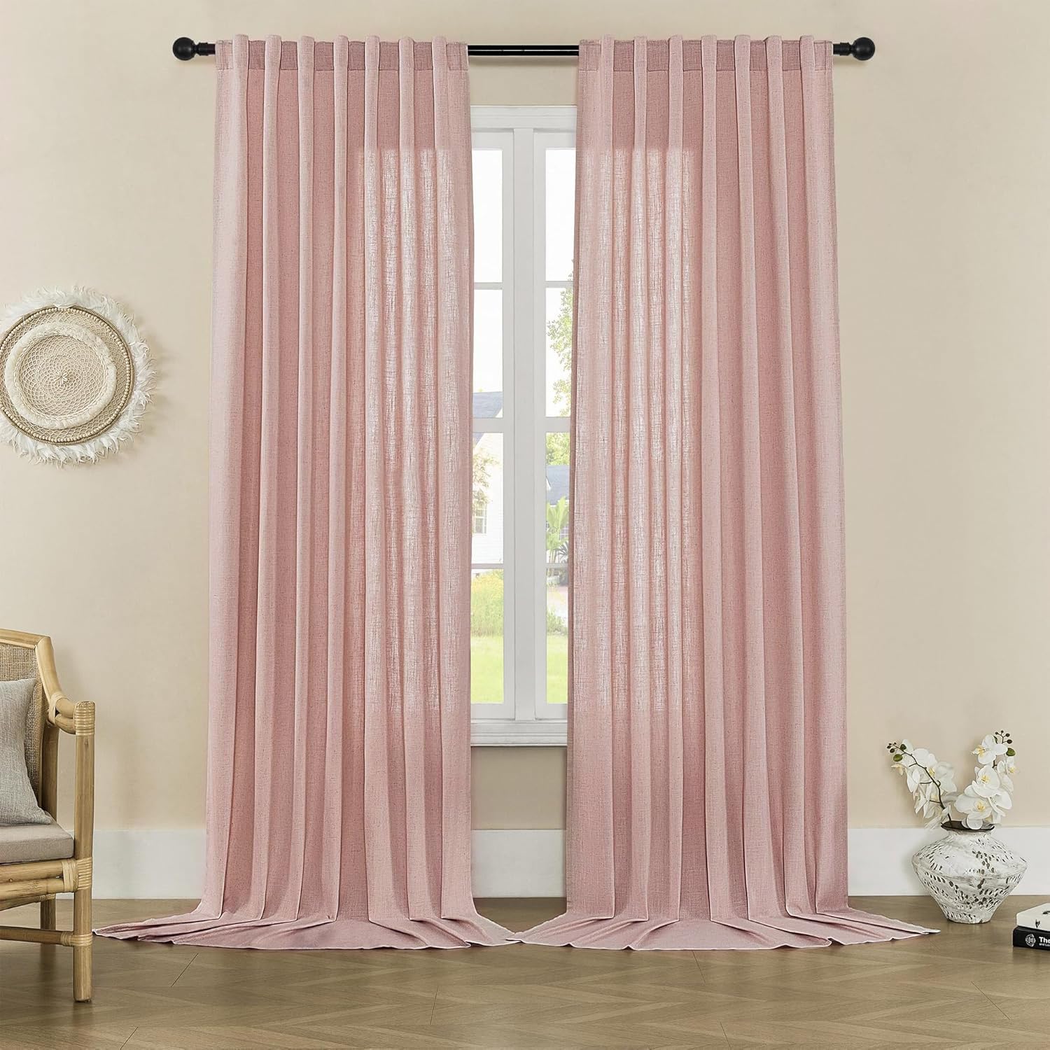 Joydeco Curtains, 108 Inches Long, 2 Panels Set, Farmhouse Drapes for Living Room, Semi-Blackout, Linen-Polyester, Ivory on Linen, Rod Pocket