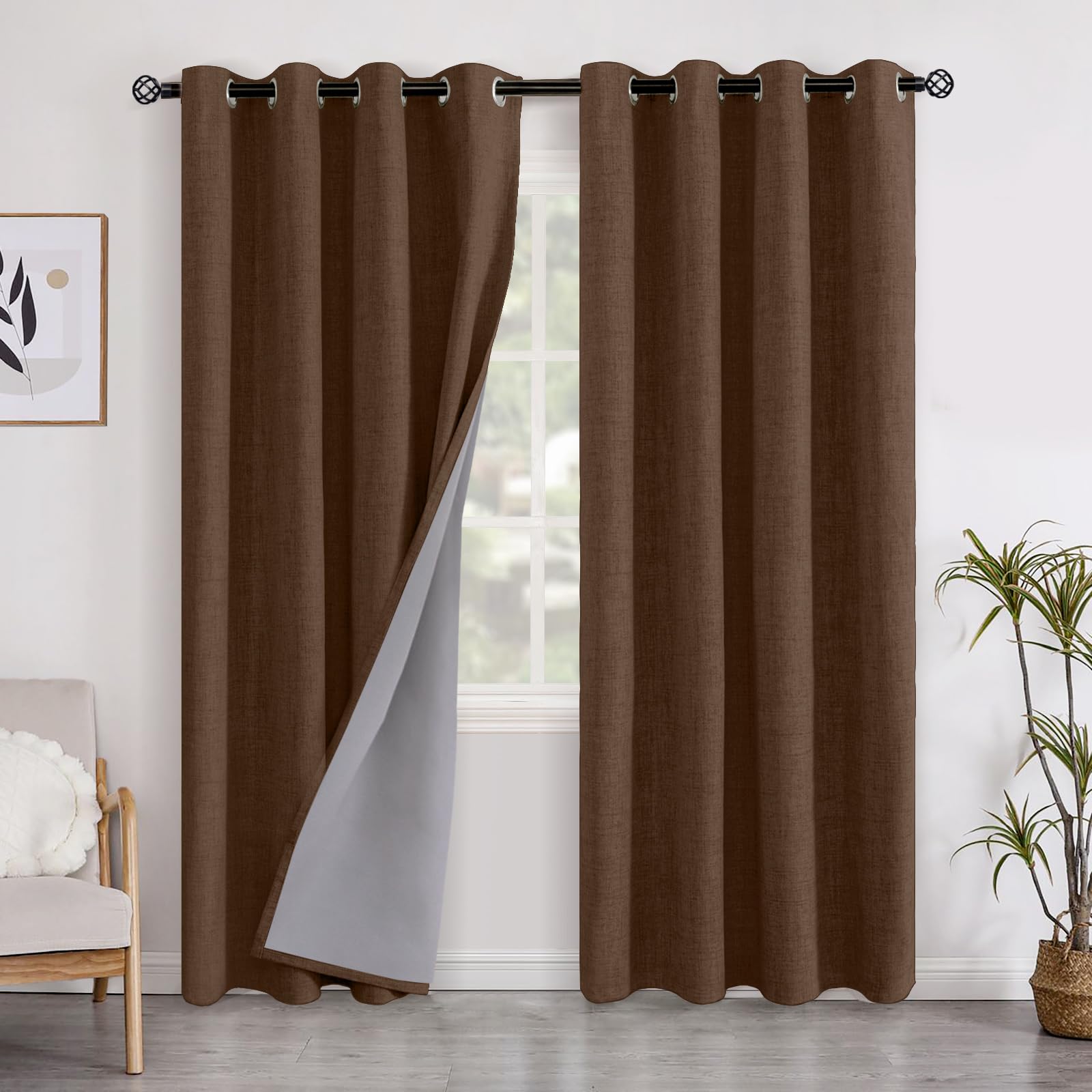 YoungsTex Linen Blackout Curtains 63 Inch Length for Bedroom, Room Darkening Window Drapes with Grommet Thermal Insulated Black Out Blinds for Living Room, 2 Panels, 52 X 63 Inch, Beige