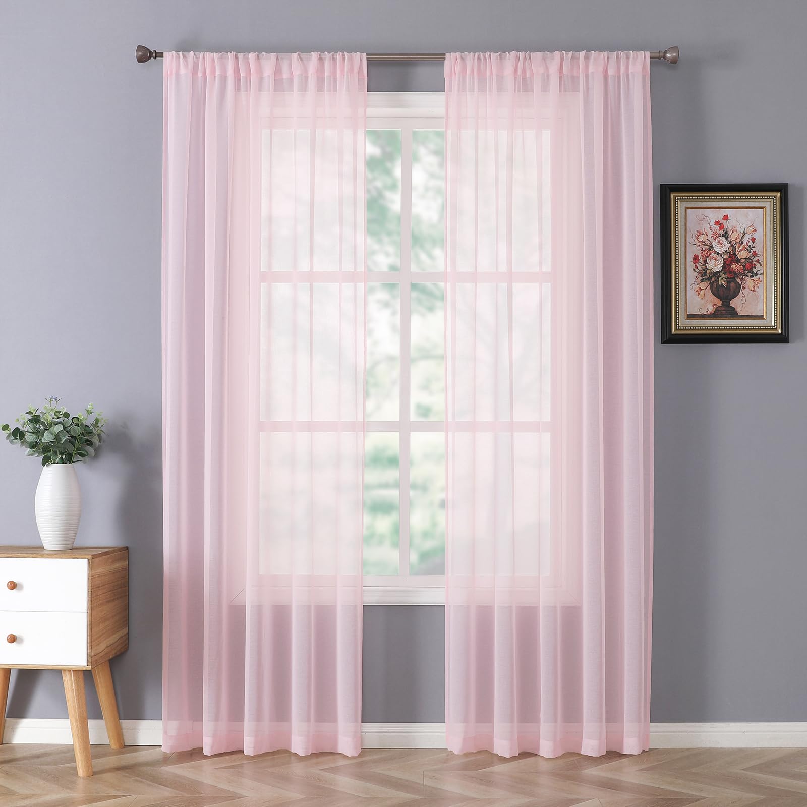 Tollpiz Short Sheer Curtains Linen Textured Bedroom Curtain Sheers Light Filtering Rod Pocket Voile Curtains for Living Room, 54 x 45 inches Long, White, Set of 2 Panels
