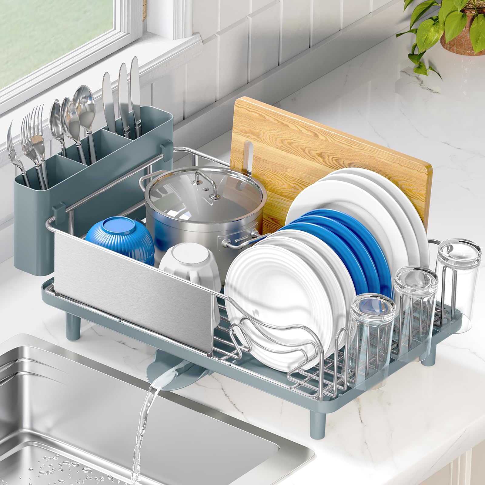Urackify Stainless Steel Dish Drying Rack - Large Capacity Kitchen Counter Organizer with Drain Board, Utensil Holder & Detachable Cup Shelf, 304 Surgical-Grade Rust-Proof Dish Drainer, Easy Assembly