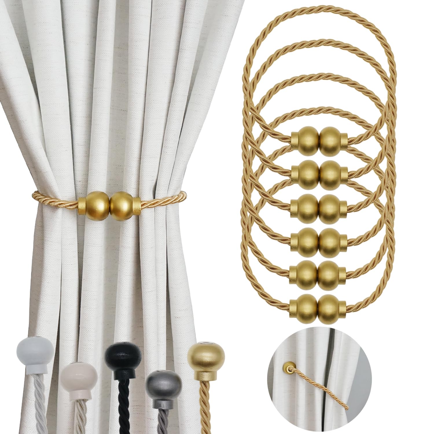 2 Pack Magnetic Curtain Tiebacks Modern Handmade Rope Curtain Tie Backs Decorative Drapes Weave Holdbacks for Home Outdoor Bedroom Office Decorative Curtain, Gold