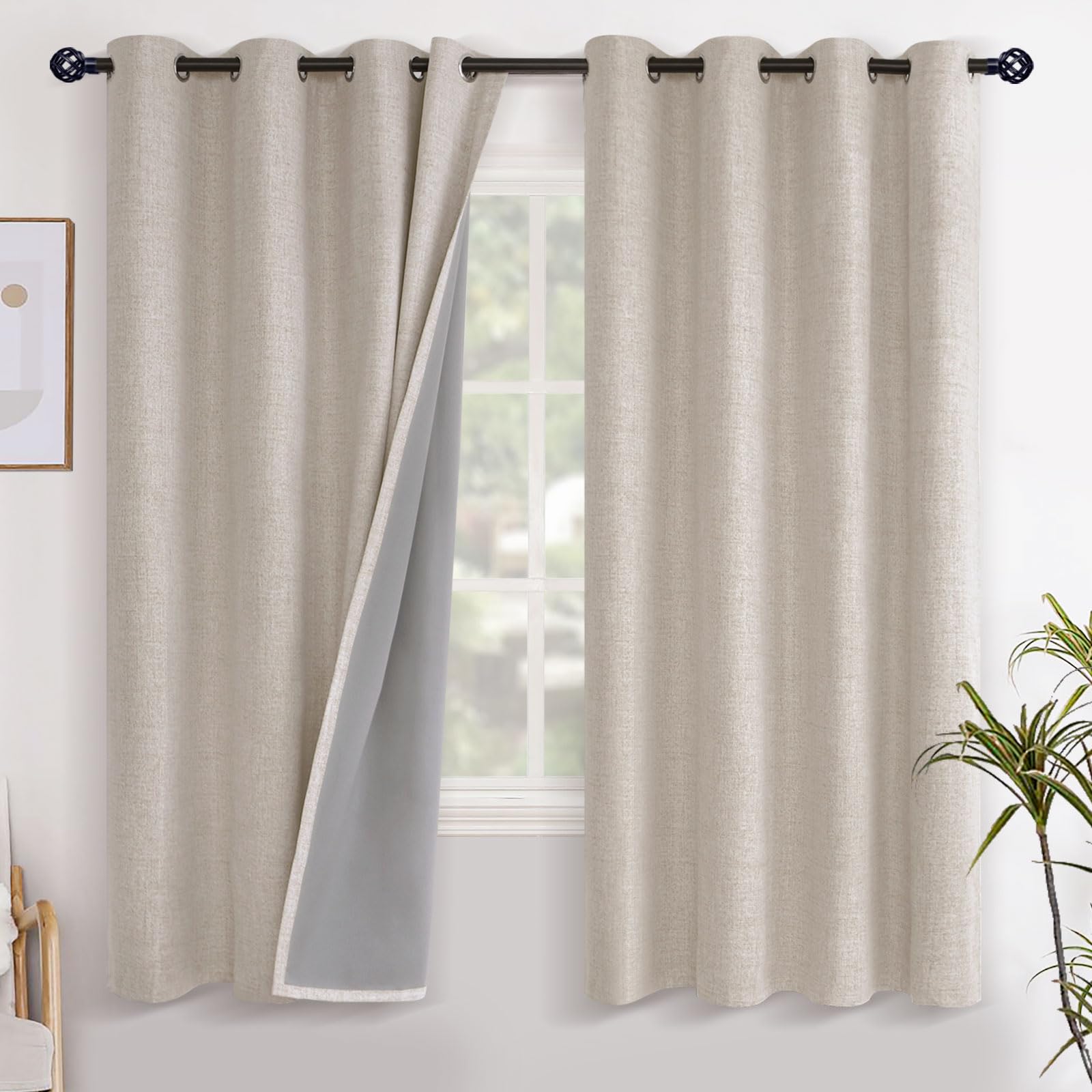 YoungsTex Linen Blackout Curtains 63 Inch Length for Bedroom, Room Darkening Window Drapes with Grommet Thermal Insulated Black Out Blinds for Living Room, 2 Panels, 52 X 63 Inch, Beige