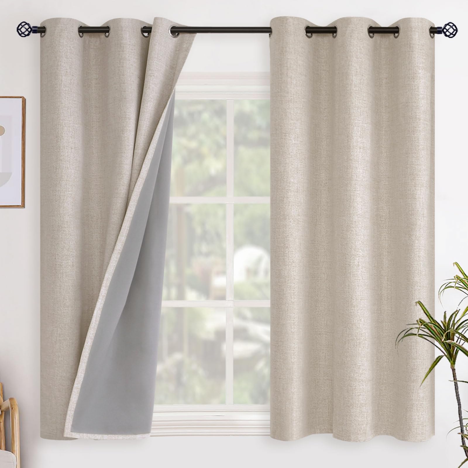 YoungsTex Linen Blackout Curtains 63 Inch Length for Bedroom, Room Darkening Window Drapes with Grommet Thermal Insulated Black Out Blinds for Living Room, 2 Panels, 52 X 63 Inch, Beige