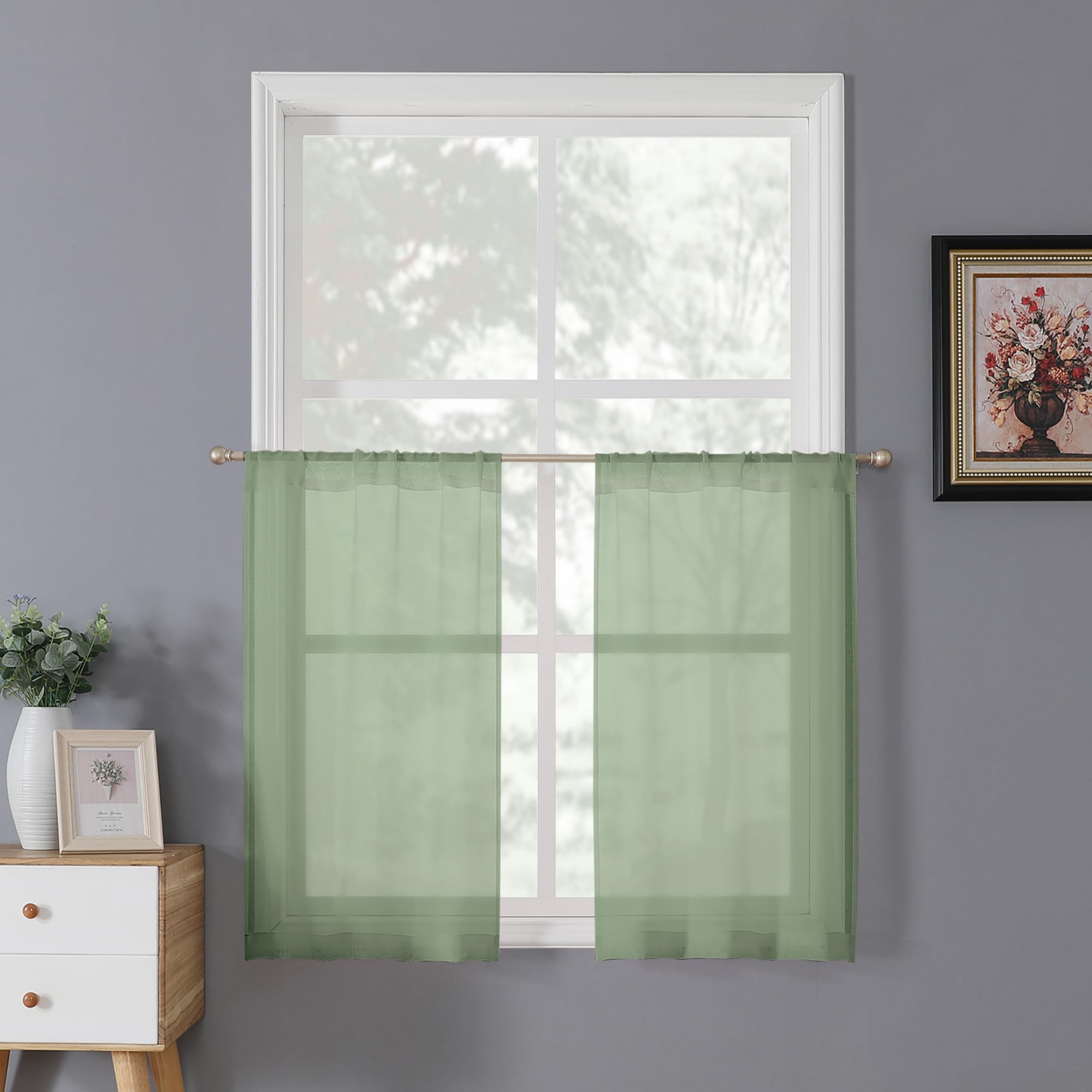 Tollpiz Short Sheer Curtains Linen Textured Bedroom Curtain Sheers Light Filtering Rod Pocket Voile Curtains for Living Room, 54 x 45 inches Long, White, Set of 2 Panels