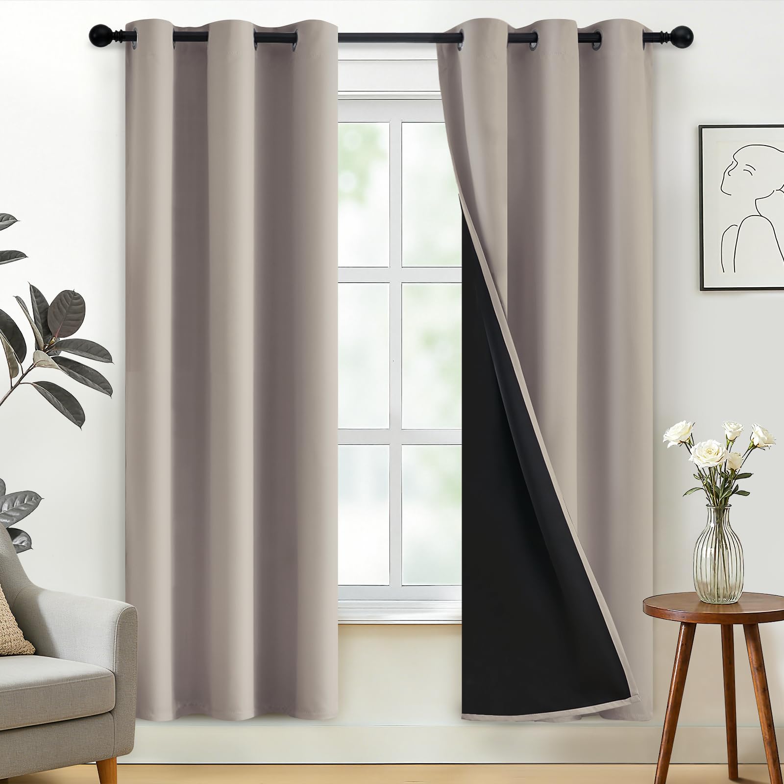 SimpleHome 100% Blackout Curtains for Bedroom,Thermal Insulated Grommet Window Drapes Room Darkening Cream Curtains for Living Room with Black Back,52 x 84 Inch,2 Panels
