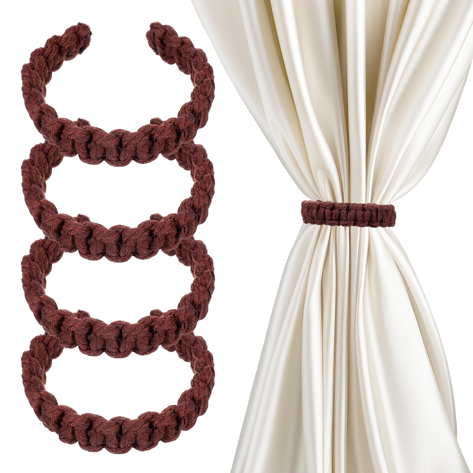 Ptwola 4 Pack Braided Curtain Tiebacks Boho Elegant Rustic Curtain Holdbacks Tie Backs Holders Set Simple Light Weight Drapes Decorative Accessories Handmade for Home Office Bedroom Window (4, Linen)