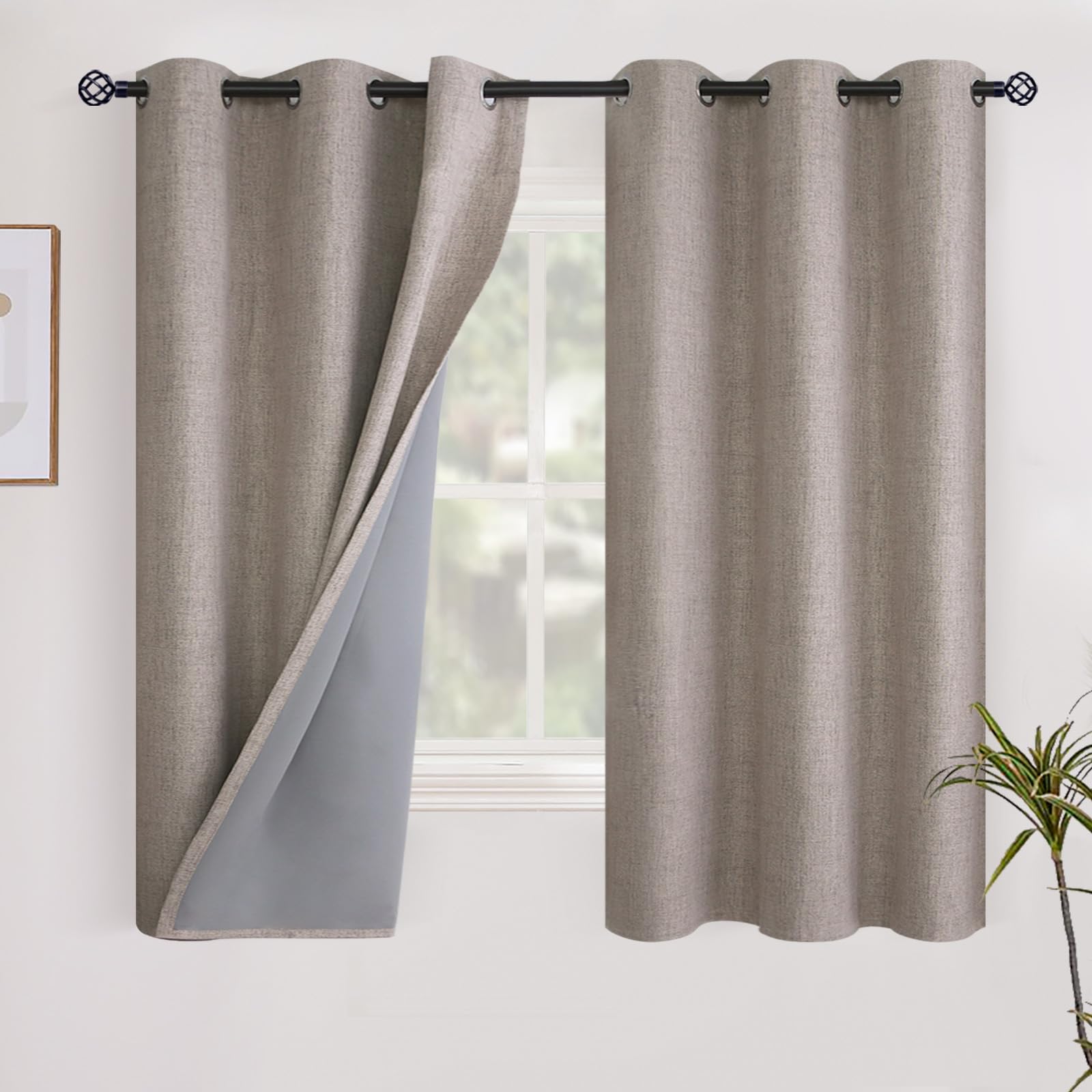 YoungsTex Linen Blackout Curtains 63 Inch Length for Bedroom, Room Darkening Window Drapes with Grommet Thermal Insulated Black Out Blinds for Living Room, 2 Panels, 52 X 63 Inch, Beige