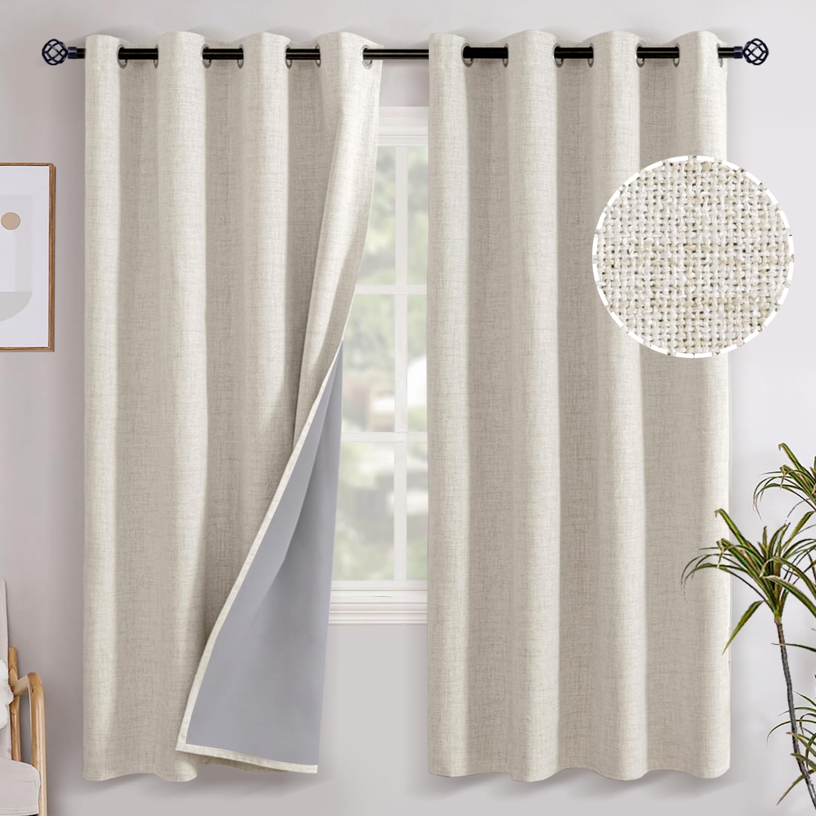 YoungsTex Linen Blackout Curtains 63 Inch Length for Bedroom, Room Darkening Window Drapes with Grommet Thermal Insulated Black Out Blinds for Living Room, 2 Panels, 52 X 63 Inch, Beige