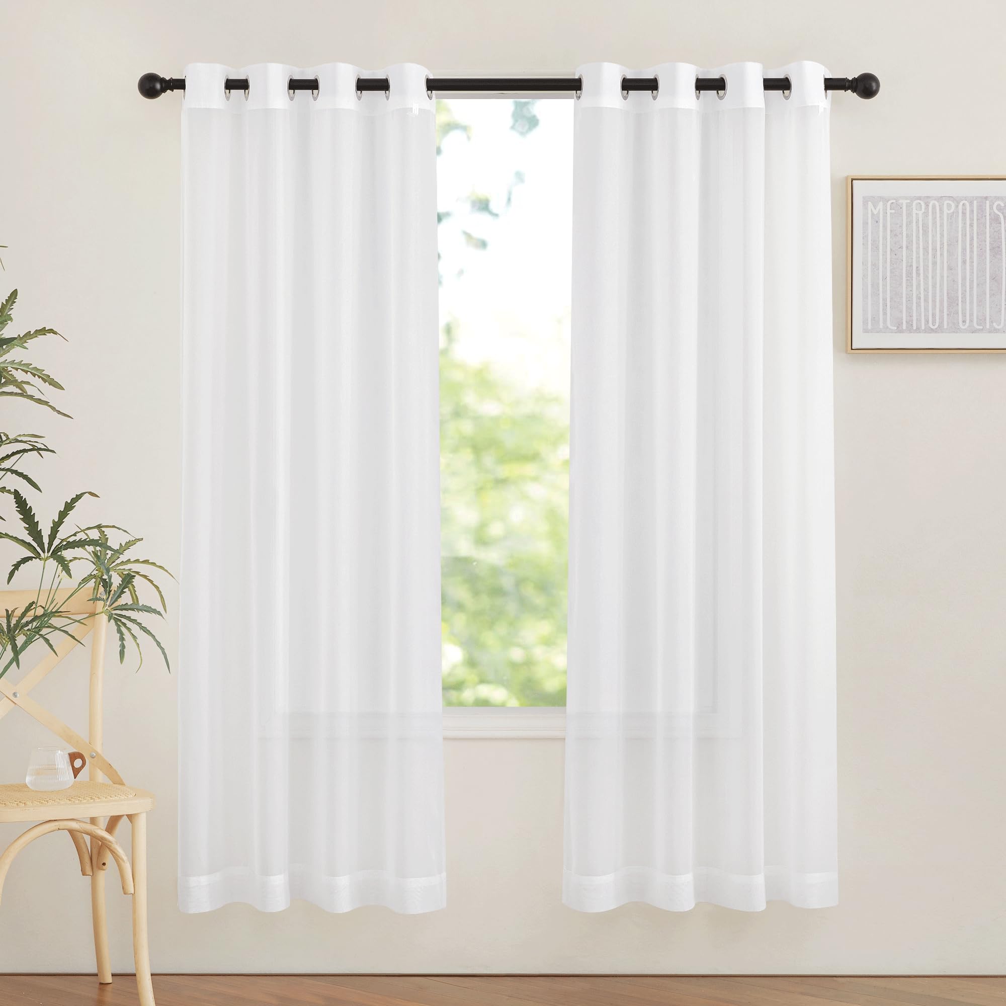NICETOWN Sheer Curtains Panel 72" Long - Ring Top Window Treatment Sheer Voile Drapes for Bedroom/Living Room (White, Set of 2, W54 x L72)