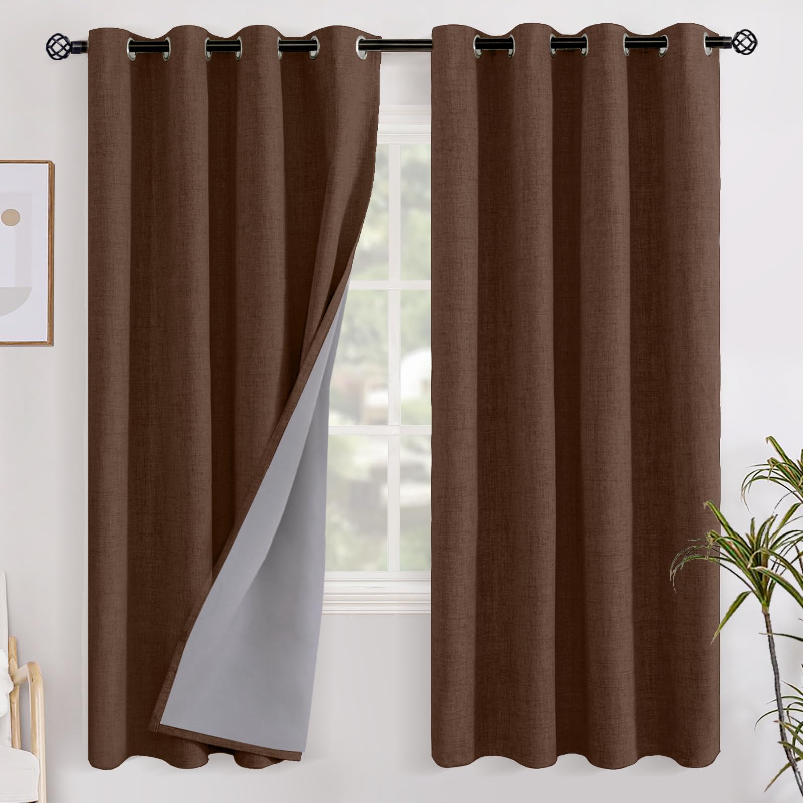 YoungsTex Linen Blackout Curtains 63 Inch Length for Bedroom, Room Darkening Window Drapes with Grommet Thermal Insulated Black Out Blinds for Living Room, 2 Panels, 52 X 63 Inch, Beige