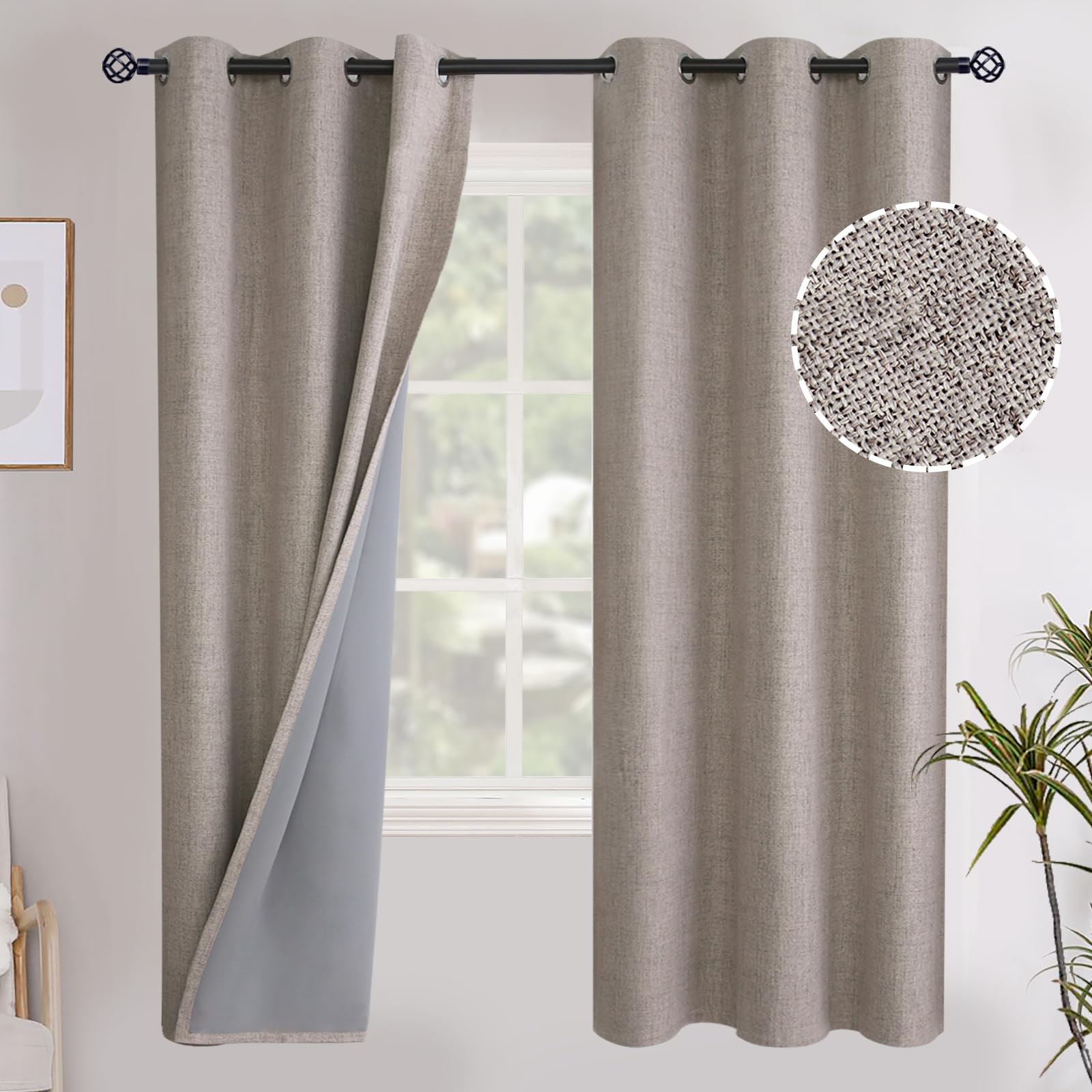 YoungsTex Linen Blackout Curtains 63 Inch Length for Bedroom, Room Darkening Window Drapes with Grommet Thermal Insulated Black Out Blinds for Living Room, 2 Panels, 52 X 63 Inch, Beige
