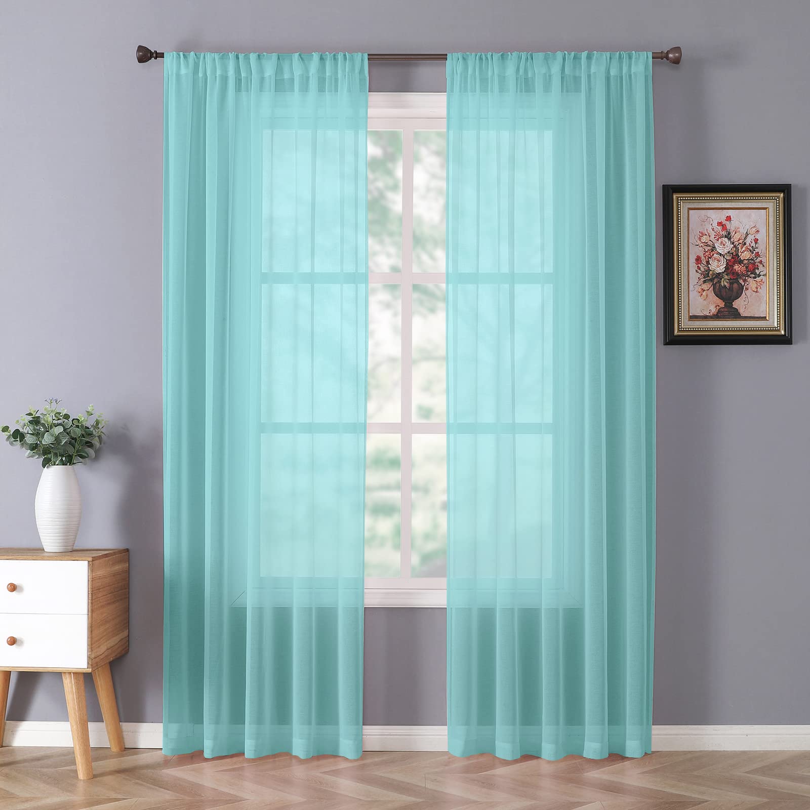Tollpiz Short Sheer Curtains Linen Textured Bedroom Curtain Sheers Light Filtering Rod Pocket Voile Curtains for Living Room, 54 x 45 inches Long, White, Set of 2 Panels