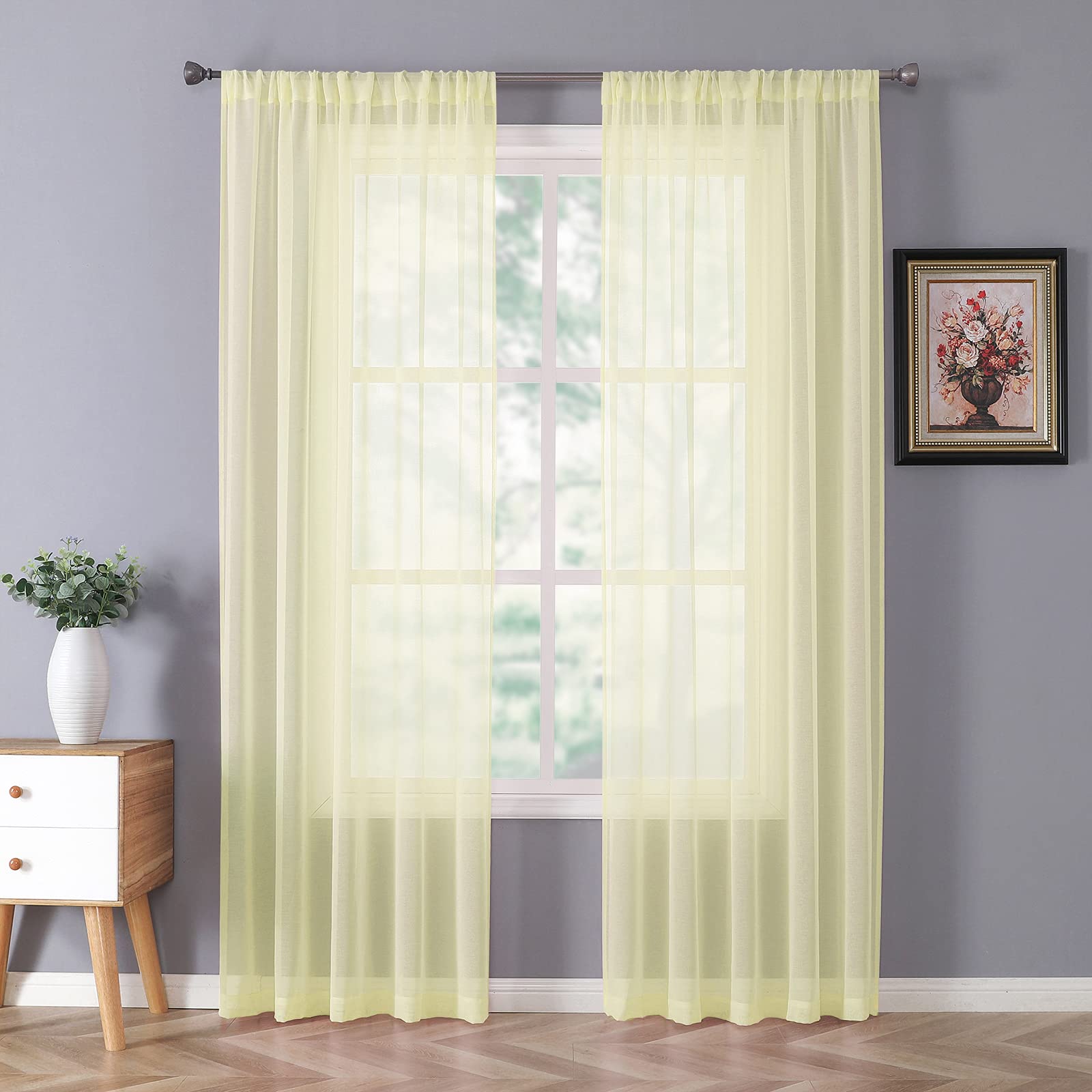 Tollpiz Short Sheer Curtains Linen Textured Bedroom Curtain Sheers Light Filtering Rod Pocket Voile Curtains for Living Room, 54 x 45 inches Long, White, Set of 2 Panels