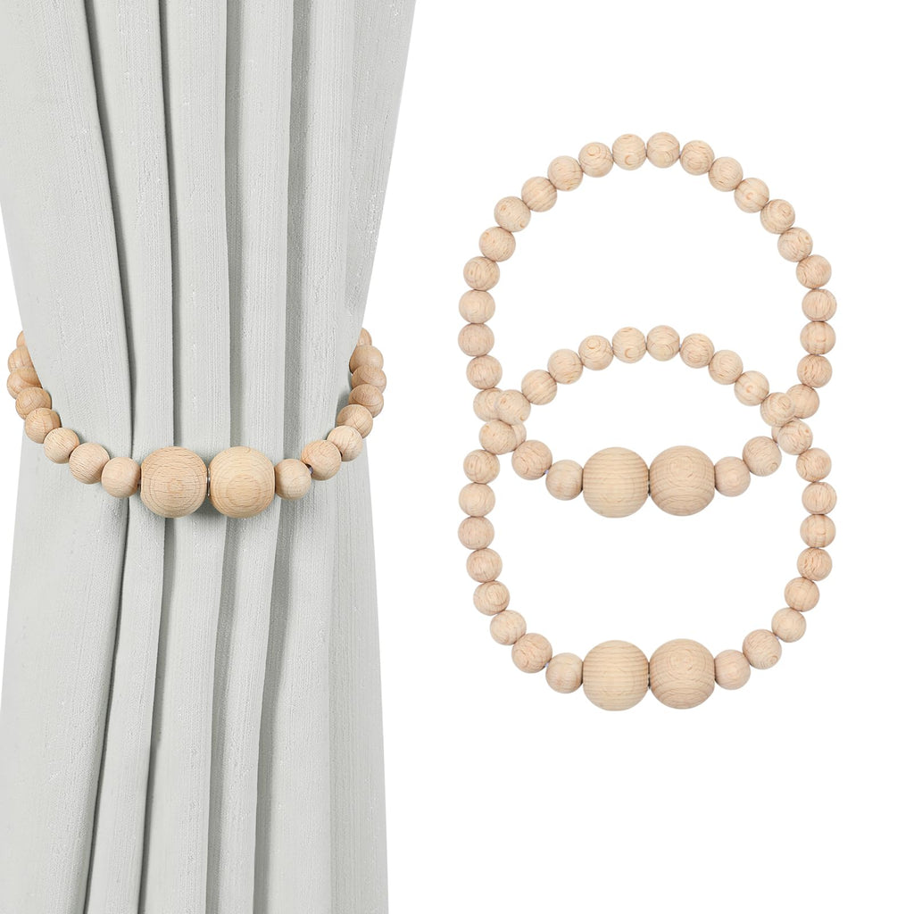 Magnetic Curtain Tiebacks, 2 Pack Curtain Holdbacks for Draperies, Wood Bead Curtain Tiebacks, Elegant Curtain Tie Backs for Bedroom Decor, Boho Room Decor, Nursery Decor, Farmhouse Decor