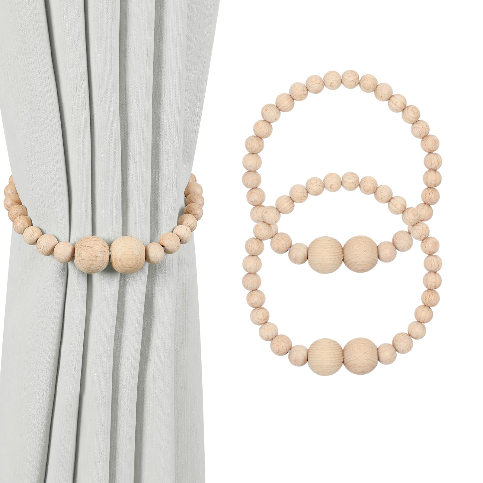 Magnetic Curtain Tiebacks, 2 Pack Curtain Holdbacks for Draperies, Wood Bead Curtain Tiebacks, Elegant Curtain Tie Backs for Bedroom Decor, Boho Room Decor, Nursery Decor, Farmhouse Decor