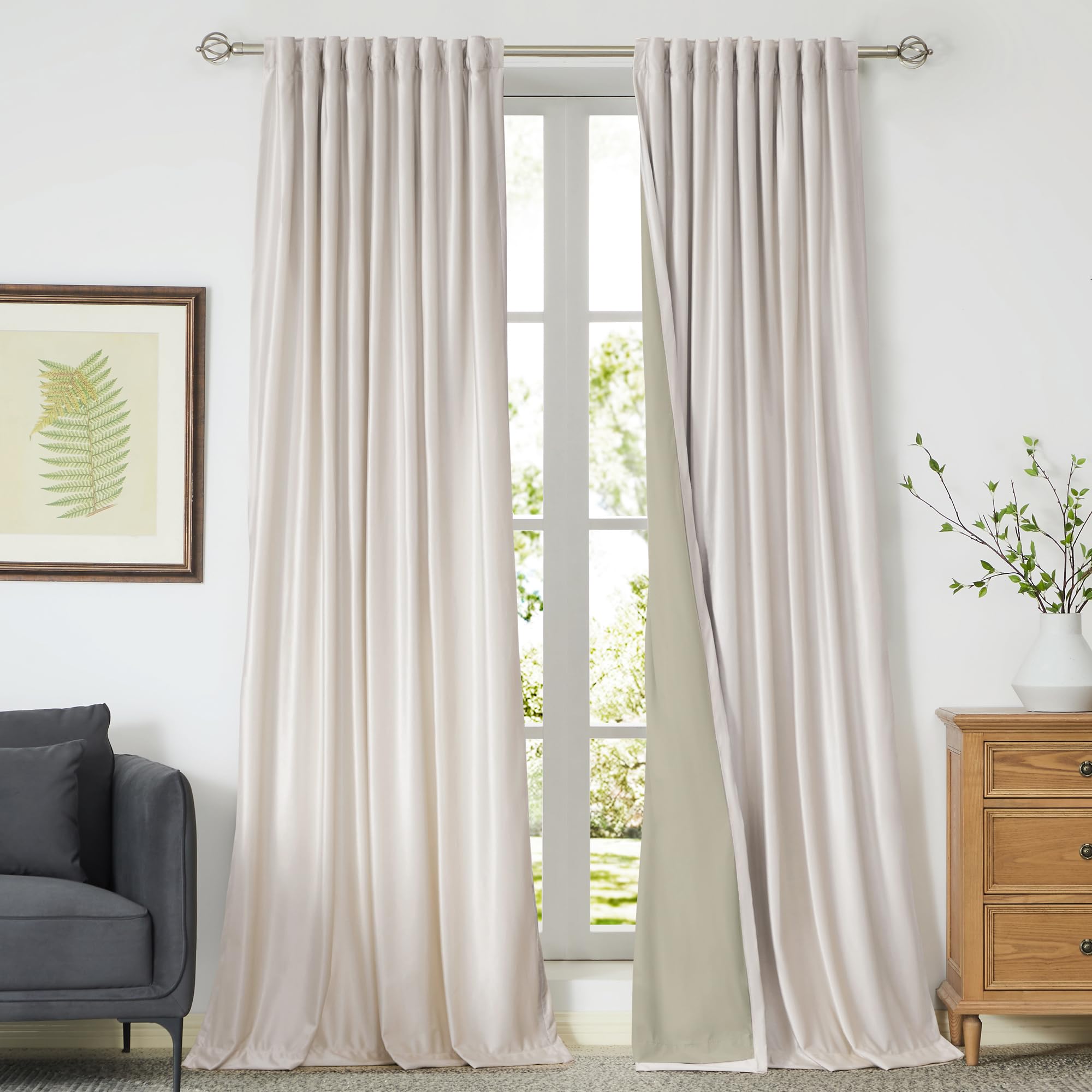 100% Blackout Ivory Off White Velvet Curtains 84 inch Long for Living Room,Set of 2 Panels Liner Rod Pocket Back Tab Thermal Window Drapes Room Darkening Heavy Decorative Curtains for Bedroom