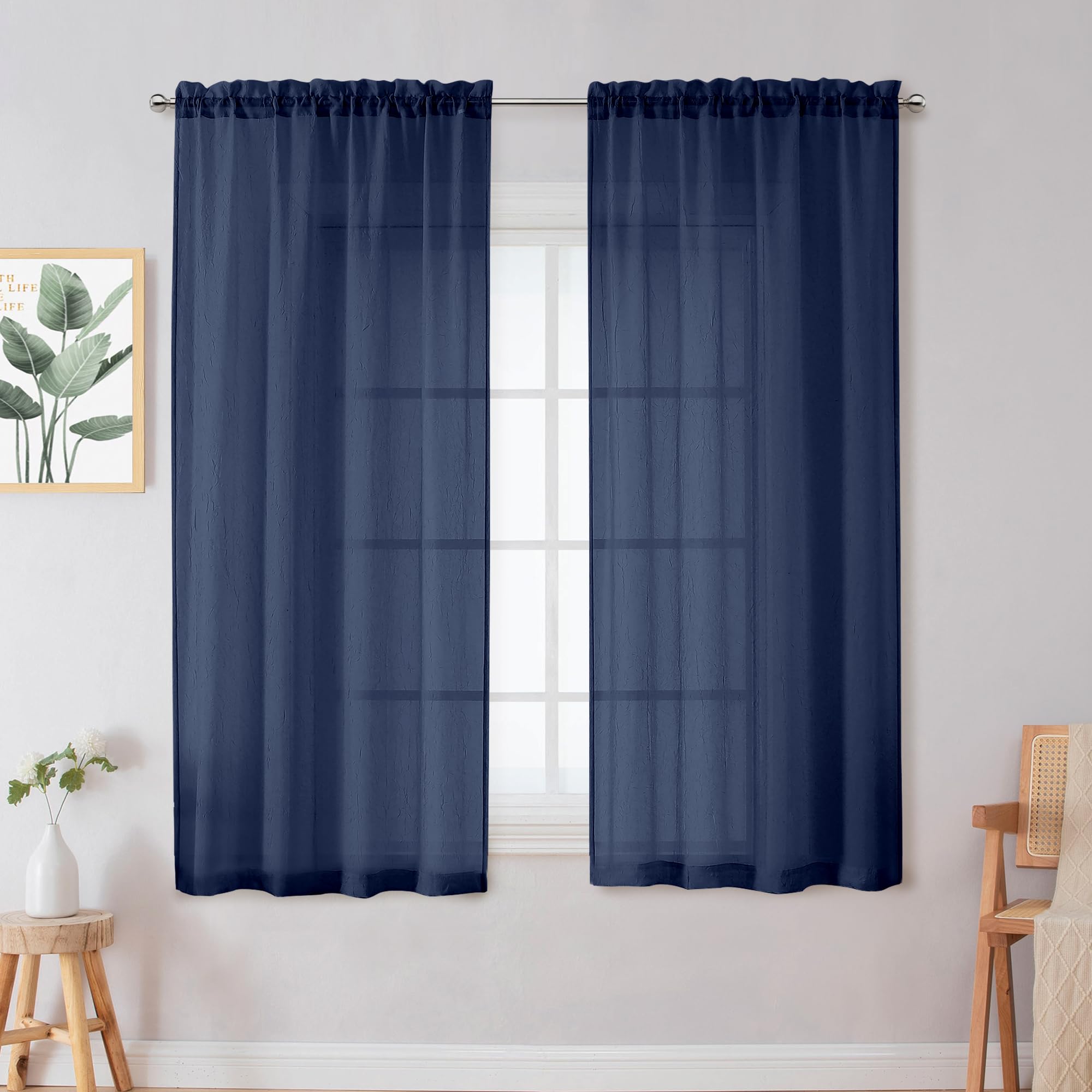 Chyhomenyc Crushed Sheer White Curtains 84 Inch Length 2 Panels, Light Filtering Solid Crinkle Voile Lightweight Textured Sheer Curtian for Bedroom, Each 42Wx84L Inches