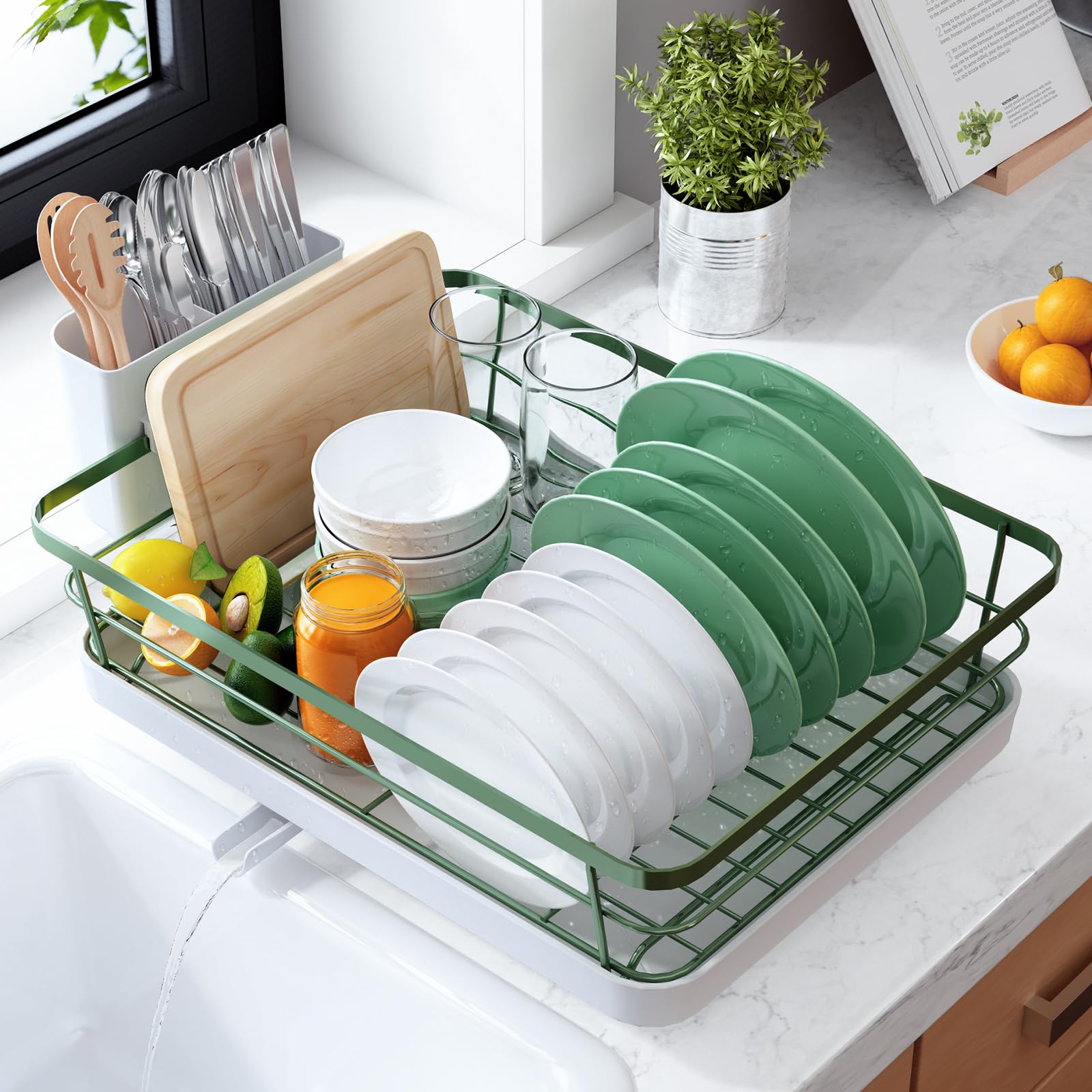 Kitsure Dish Drying Rack for Kitchen Counter, Stainless Steel Sink Organization and Storage Essentials with Cutlery Holder, Home and Appartment Decor, 12''W x 15.5''L, Black
