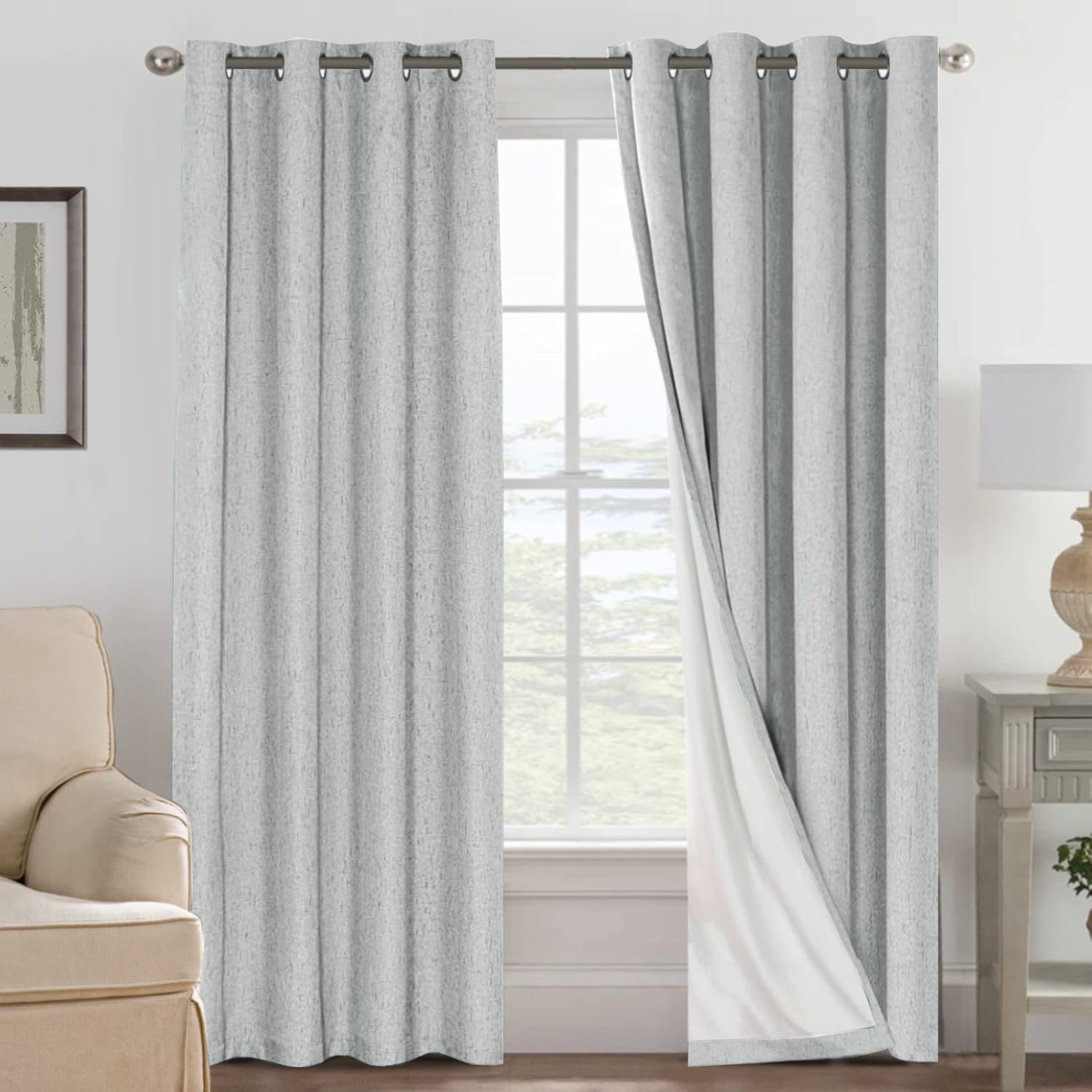 H.VERSAILTEX 100% Blackout Curtains Ivory, Linen Blackout Curtains 96 inch Curtains 2 Panel Set, Elegant Curtain for Bedroom Grommet Drapes for Living Room