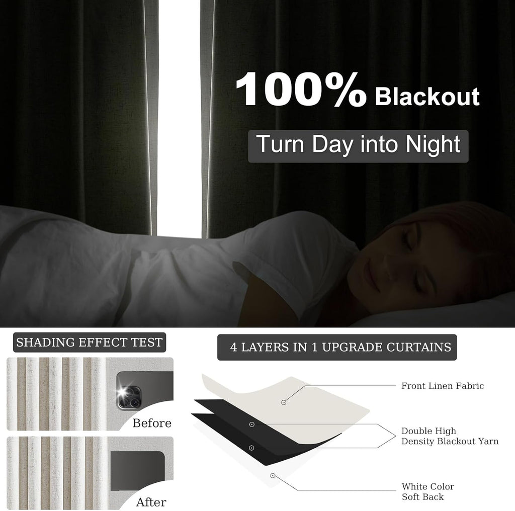 Topfinel Pinch Pleated Curtains 96 Inch Long, 100% Blackout Thermal Insulated Natural Linen Pinch Pleat Viral Drapes with Hooks Rings 2 Panel Sets, Neutral Beige Ivory 8FT Back Tab Window Curtains