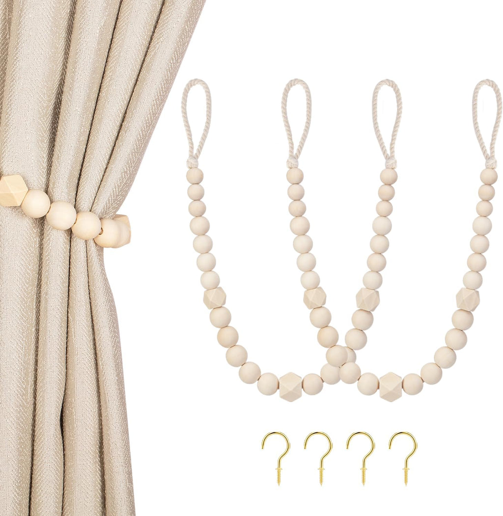 Wood Bead Curtain Tiebacks, KLOGTSIND Set of 2 Curtain Holdbacks for Thin or Thick Window Draperies, Boho Farmhouse Curtain Tiebacks with Hooks, Curtain Tie Backs for Home Office Room Decor