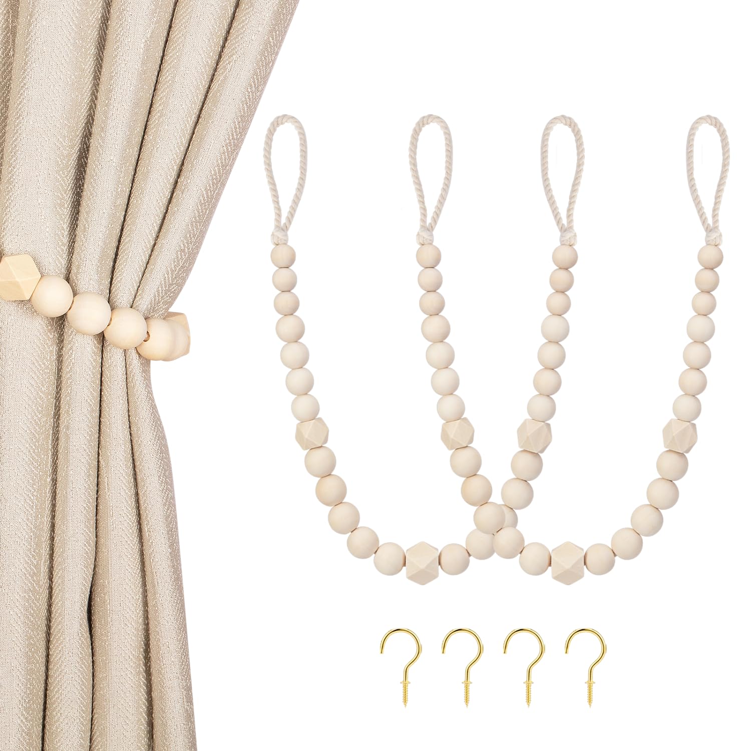 Wood Bead Curtain Tiebacks, KLOGTSIND Set of 2 Curtain Holdbacks for Thin or Thick Window Draperies, Boho Farmhouse Curtain Tiebacks with Hooks, Curtain Tie Backs for Home Office Room Decor