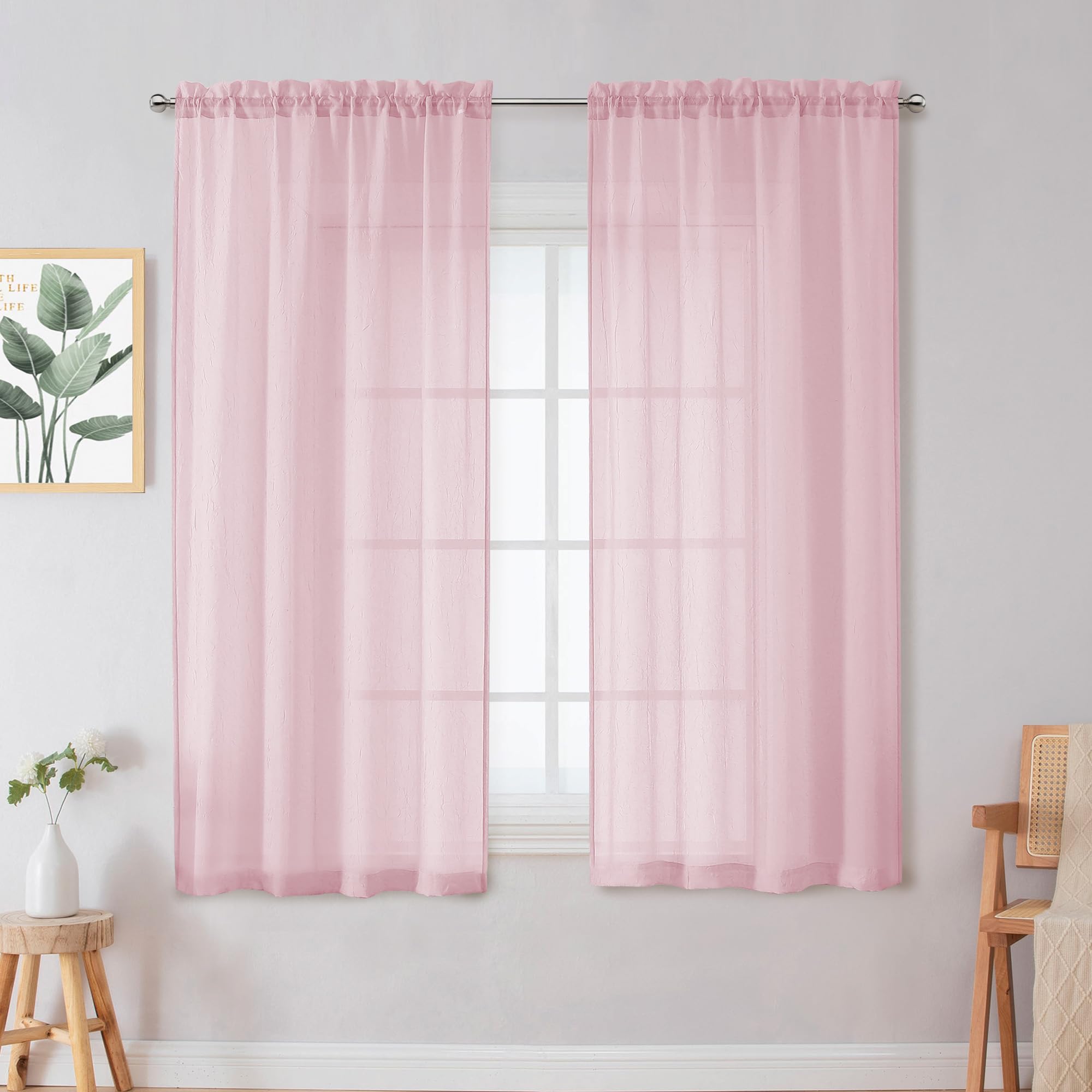 Chyhomenyc Crushed Sheer White Curtains 84 Inch Length 2 Panels, Light Filtering Solid Crinkle Voile Lightweight Textured Sheer Curtian for Bedroom, Each 42Wx84L Inches
