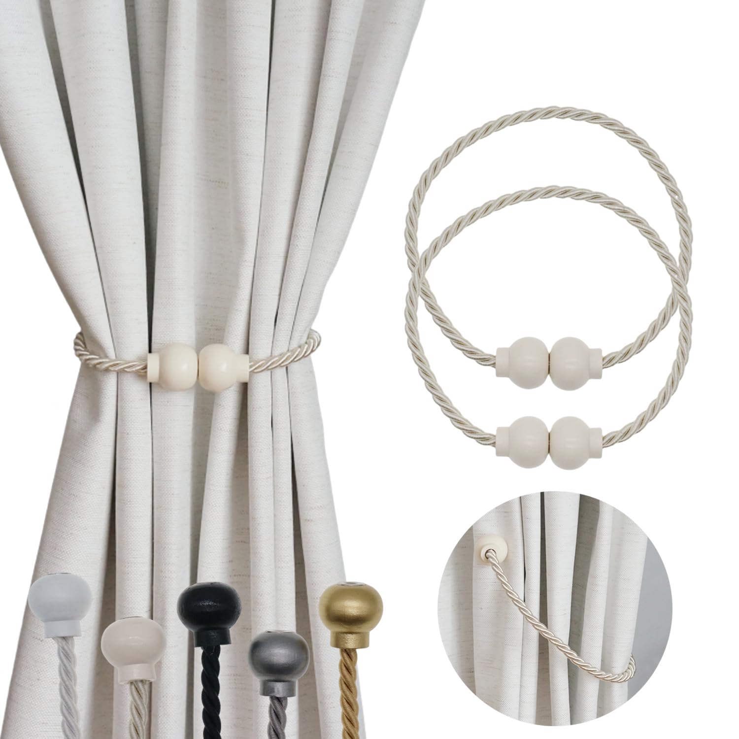 2 Pack Magnetic Curtain Tiebacks Modern Handmade Rope Curtain Tie Backs Decorative Drapes Weave Holdbacks for Home Outdoor Bedroom Office Decorative Curtain, Gold