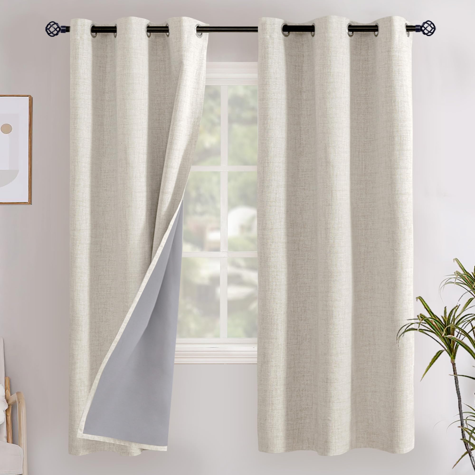 YoungsTex Linen Blackout Curtains 63 Inch Length for Bedroom, Room Darkening Window Drapes with Grommet Thermal Insulated Black Out Blinds for Living Room, 2 Panels, 52 X 63 Inch, Beige