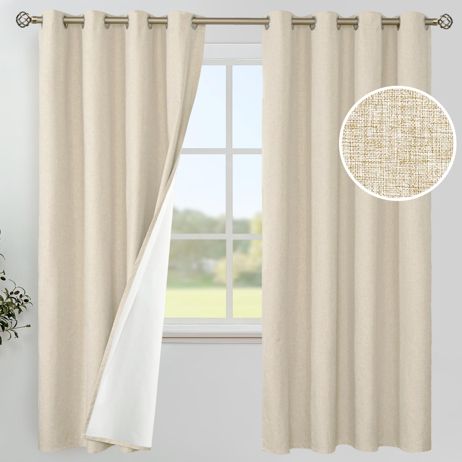 YoungsTex Linen Blackout Curtains 63 Inches Long for Bedroom, Room Darkening Window Drapes with Grommet Thermal Insulated Black Out for Living Room, 2 Panels, 52 X 63 Inch