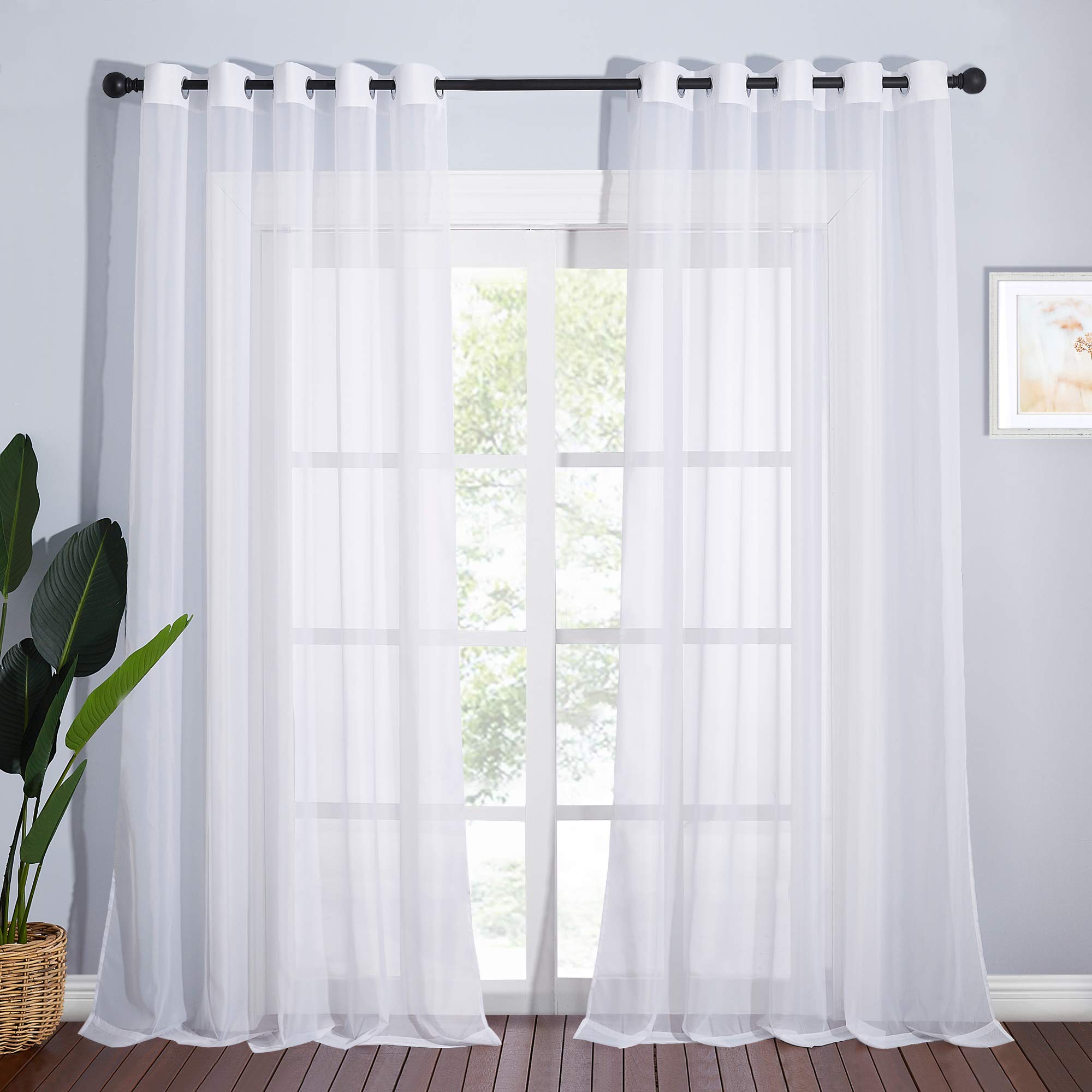 NICETOWN Sheer Curtains Panel 72" Long - Ring Top Window Treatment Sheer Voile Drapes for Bedroom/Living Room (White, Set of 2, W54 x L72)