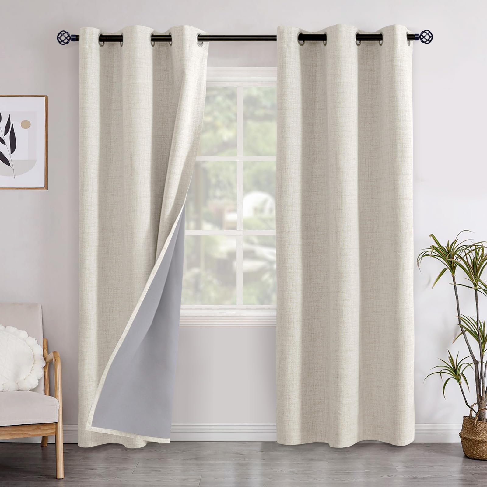 YoungsTex Linen Blackout Curtains 63 Inch Length for Bedroom, Room Darkening Window Drapes with Grommet Thermal Insulated Black Out Blinds for Living Room, 2 Panels, 52 X 63 Inch, Beige